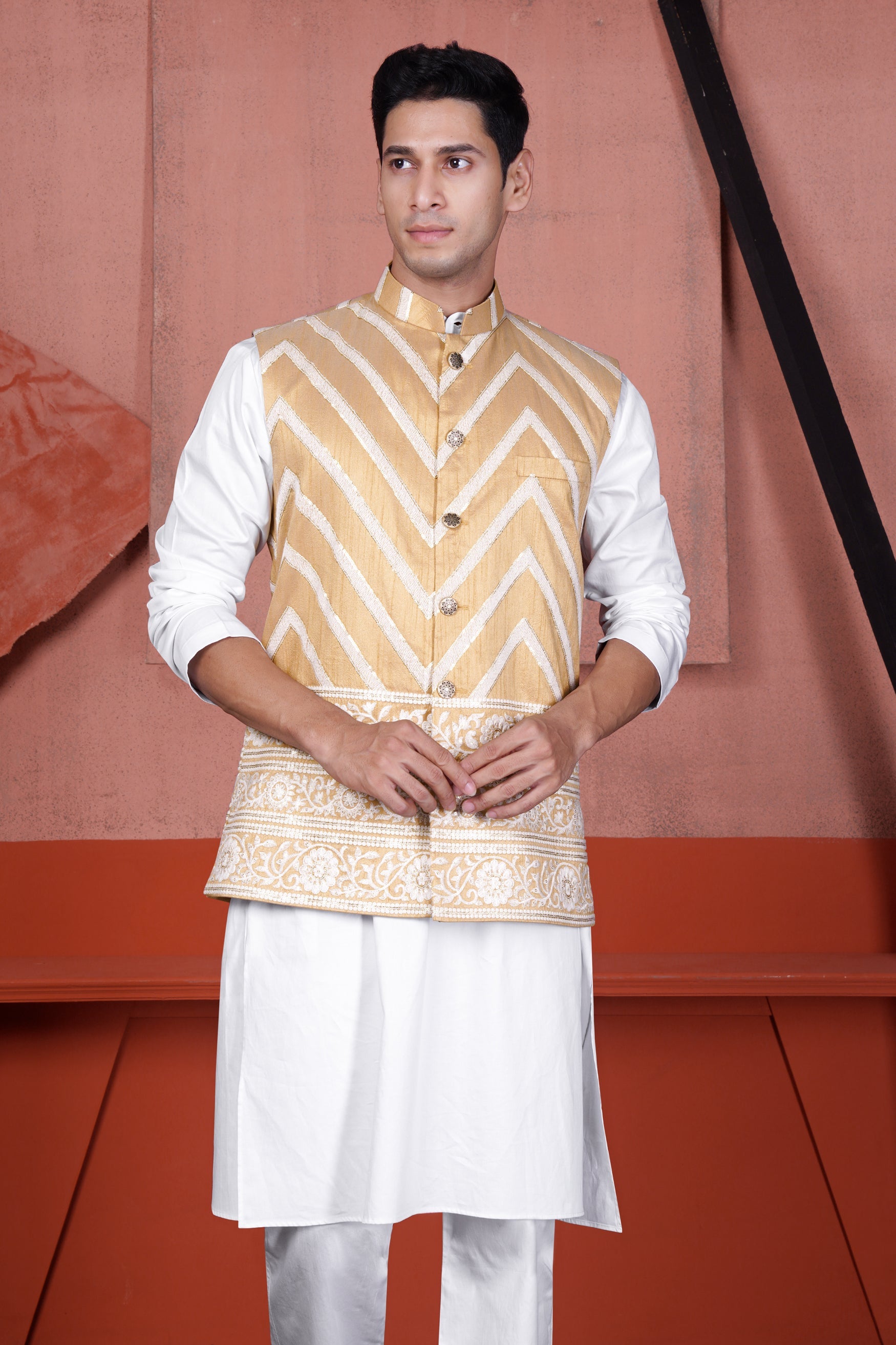 Bright White Kurta with Antique Brown and Merino Cream Zig Zag Cotton Thread Embroidered Designer Nehru Jacket