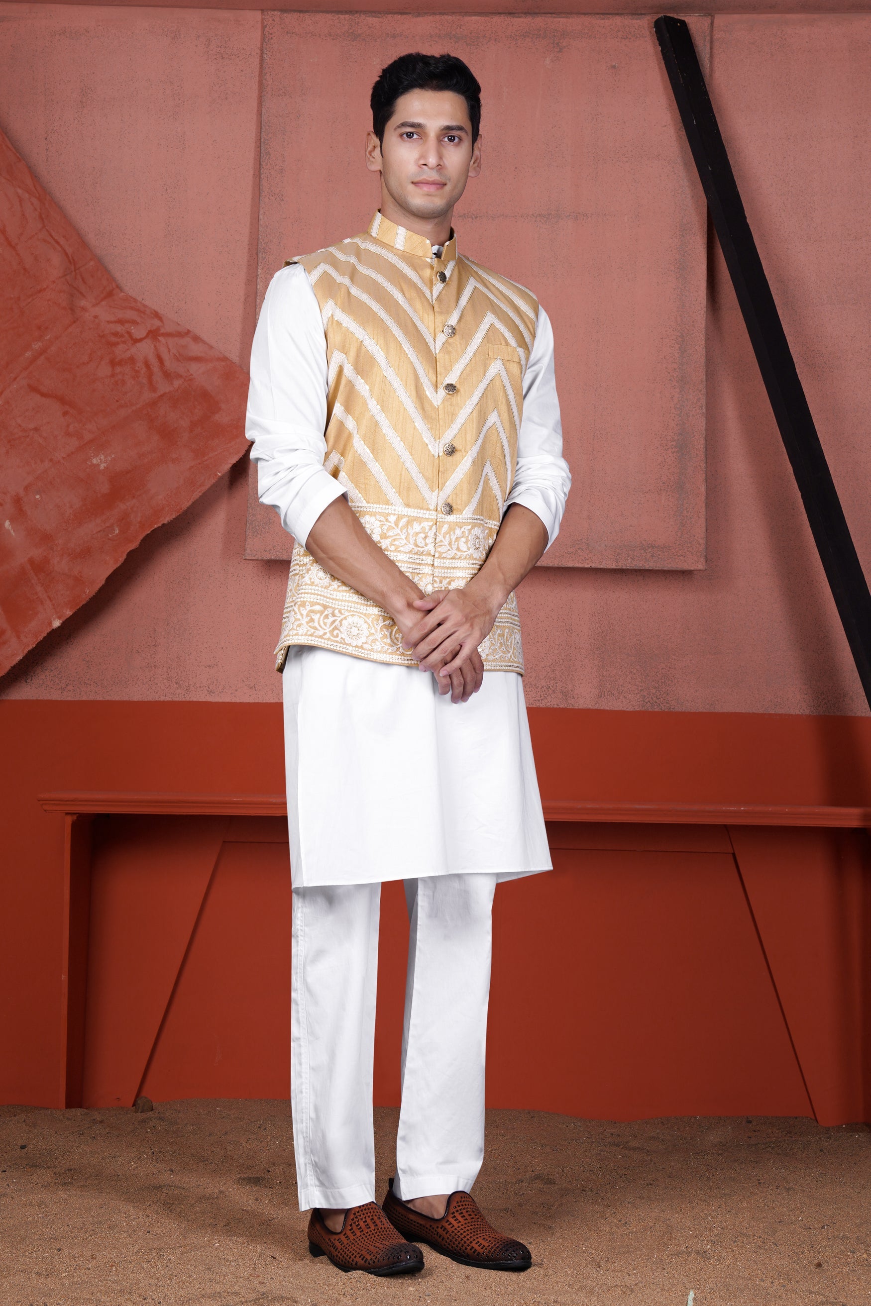 Bright White Kurta with Antique Brown and Merino Cream Zig Zag Cotton Thread Embroidered Designer Nehru Jacket