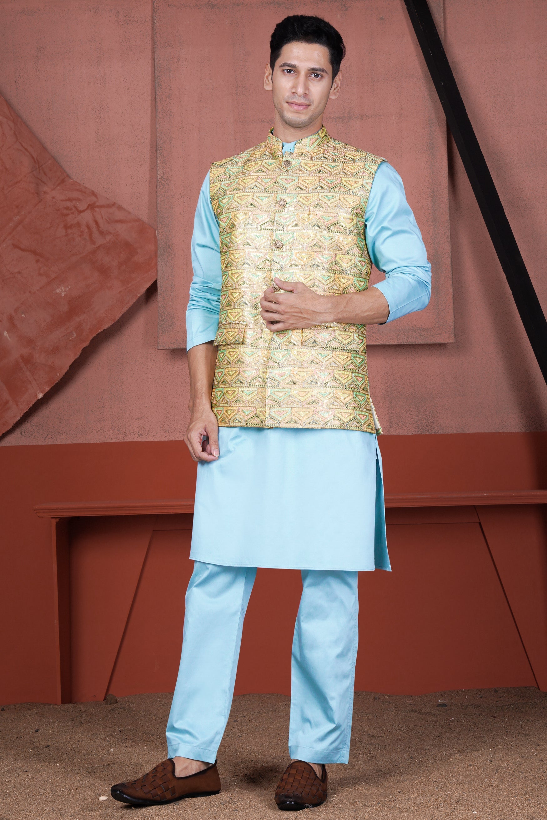 Sail Blue Kurta with Tacha Brown and Charm Pink Geometric Cotton Thread Embroidered Designer Nehru Jacket