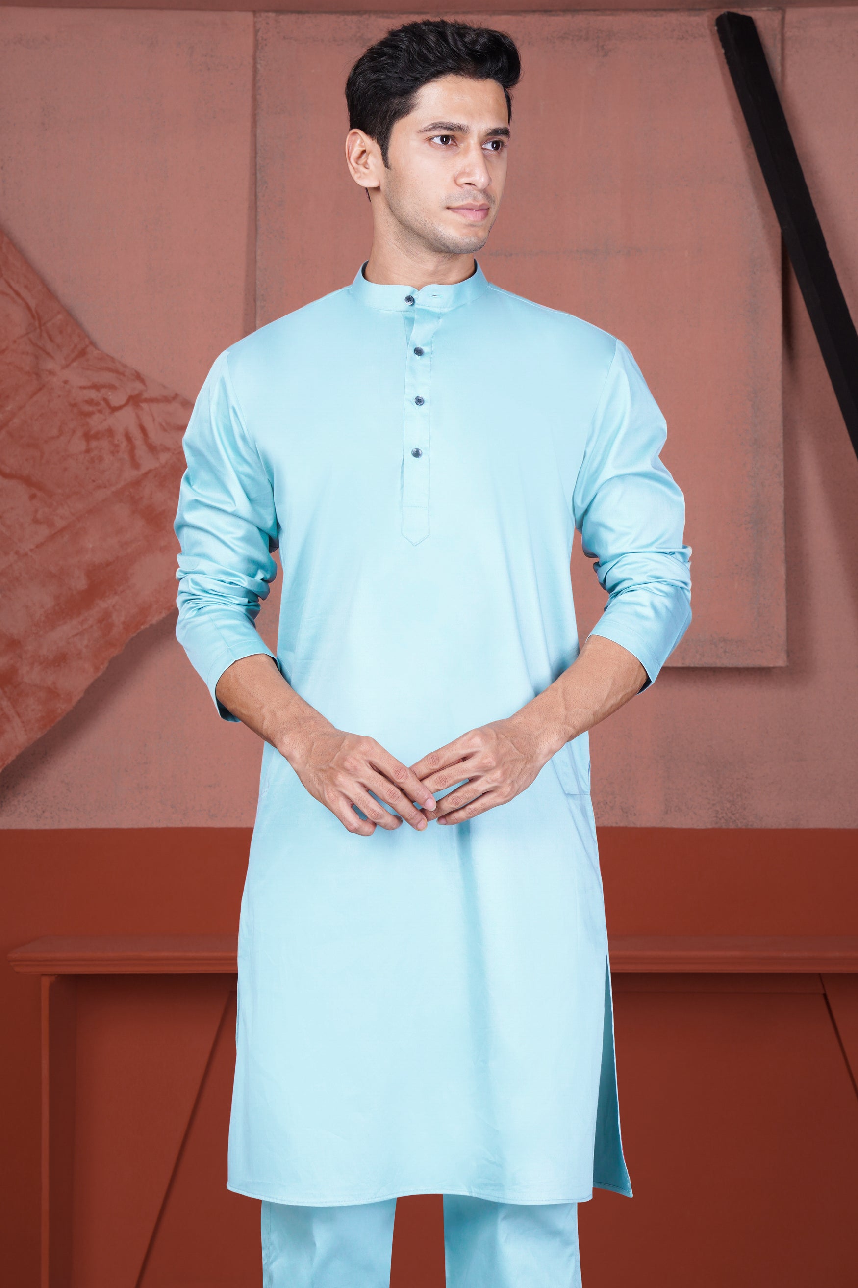 Sail Blue Kurta with Tacha Brown and Charm Pink Geometric Cotton Thread Embroidered Designer Nehru Jacket