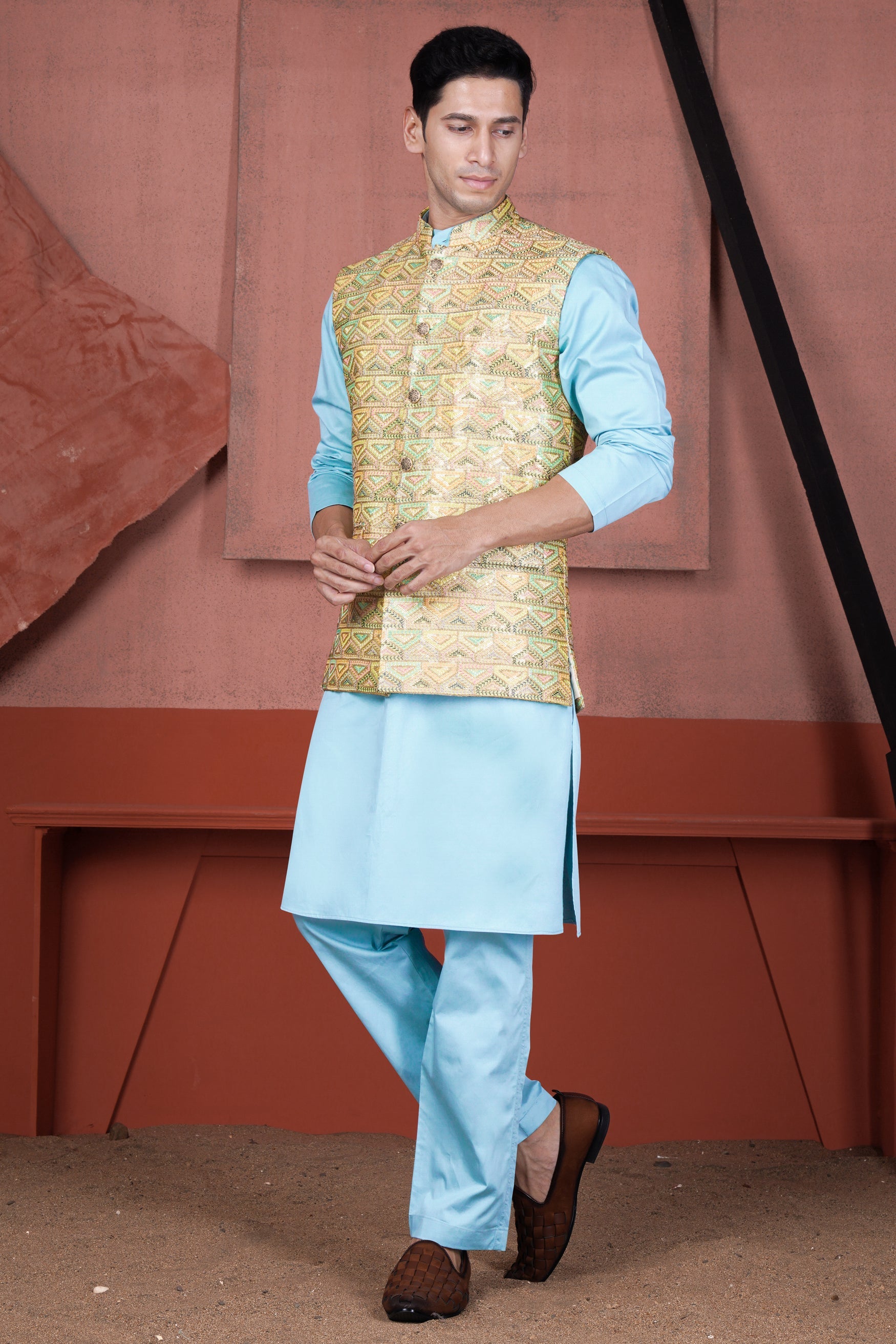 Sail Blue Kurta with Tacha Brown and Charm Pink Geometric Cotton Thread Embroidered Designer Nehru Jacket