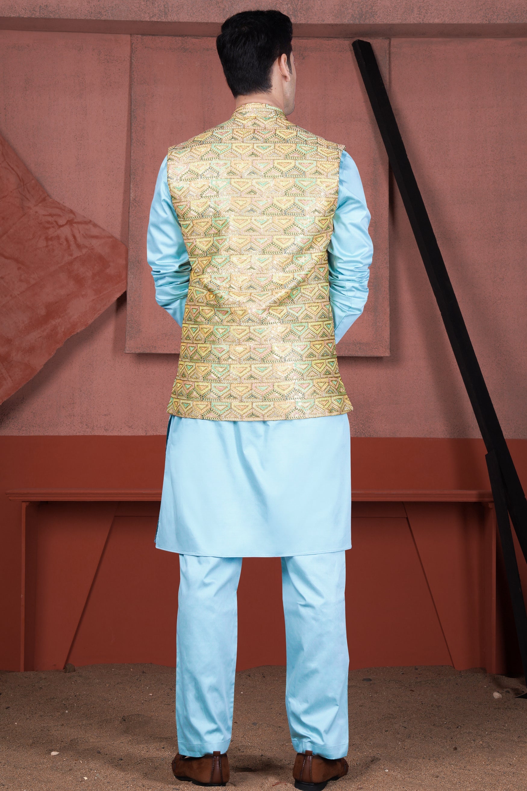 Sail Blue Kurta with Tacha Brown and Charm Pink Geometric Cotton Thread Embroidered Designer Nehru Jacket