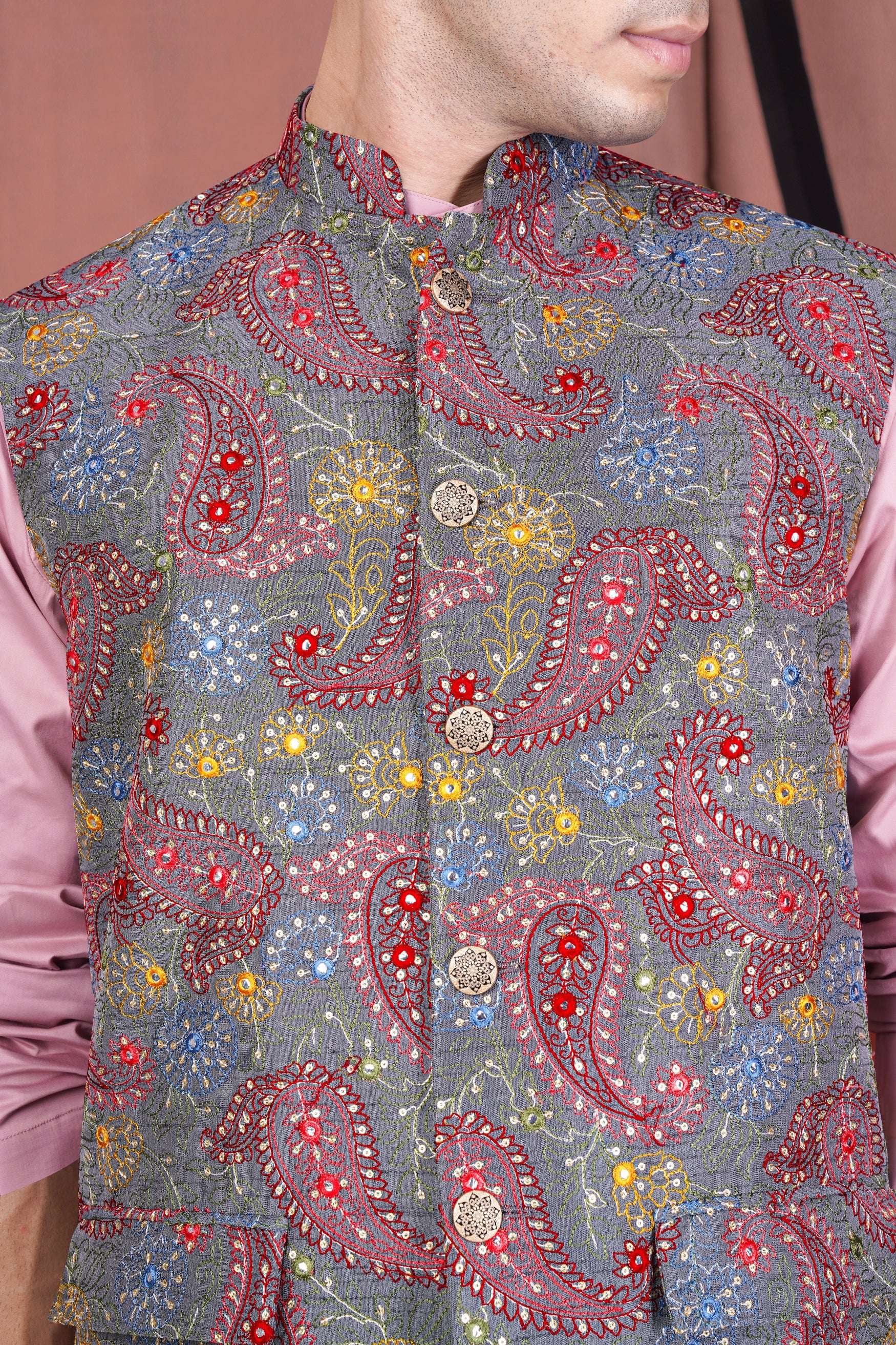 Kobi Pink Kurta with Nickel Gray and Brink Pink Paisley Cotton Thread Embroidered Designer Nehru Jacket