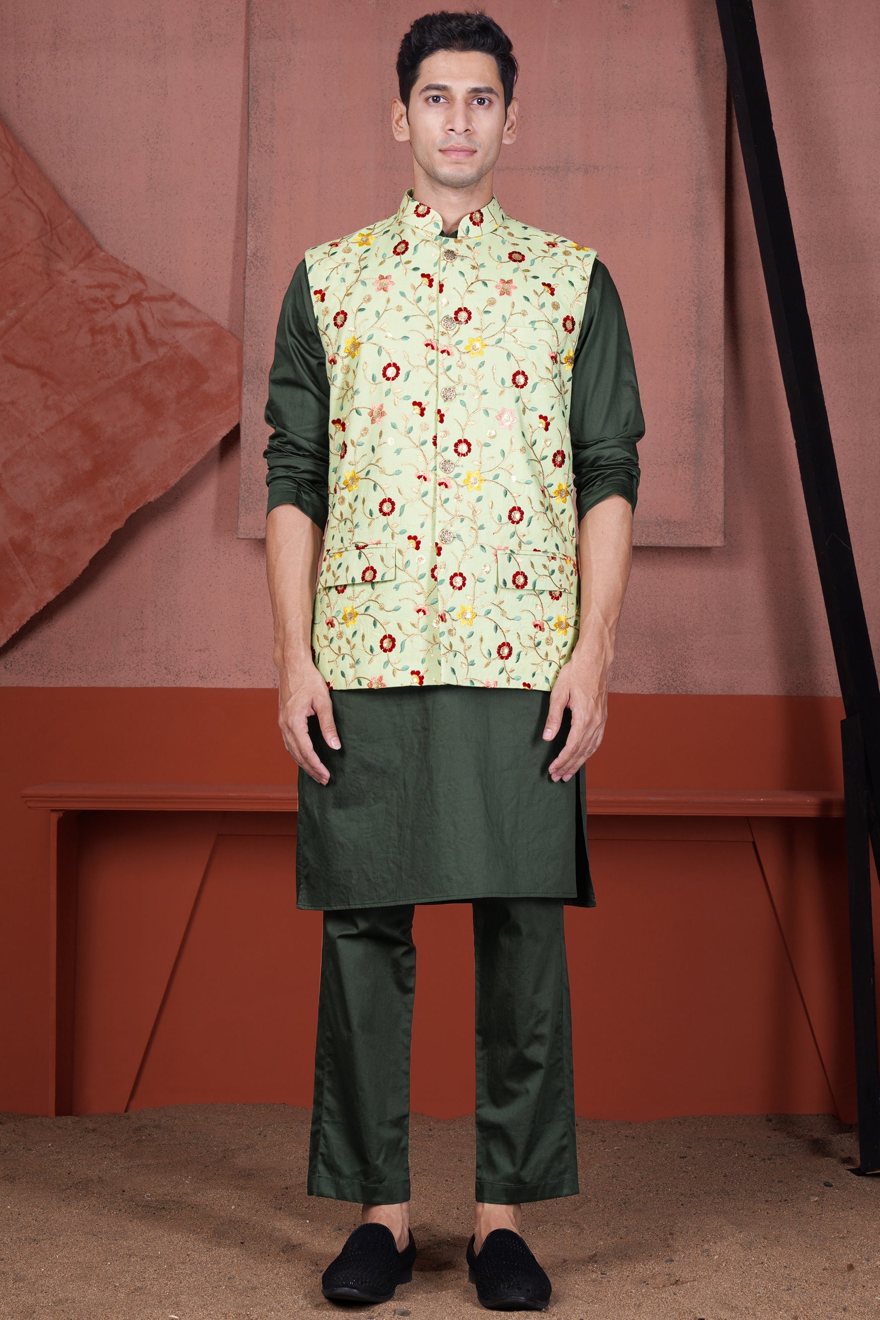 Timber Green Kurta with Hampton Green and Beryl Red Floral Multicolour Cotton Thread Embroidered Designer Nehru Jacket