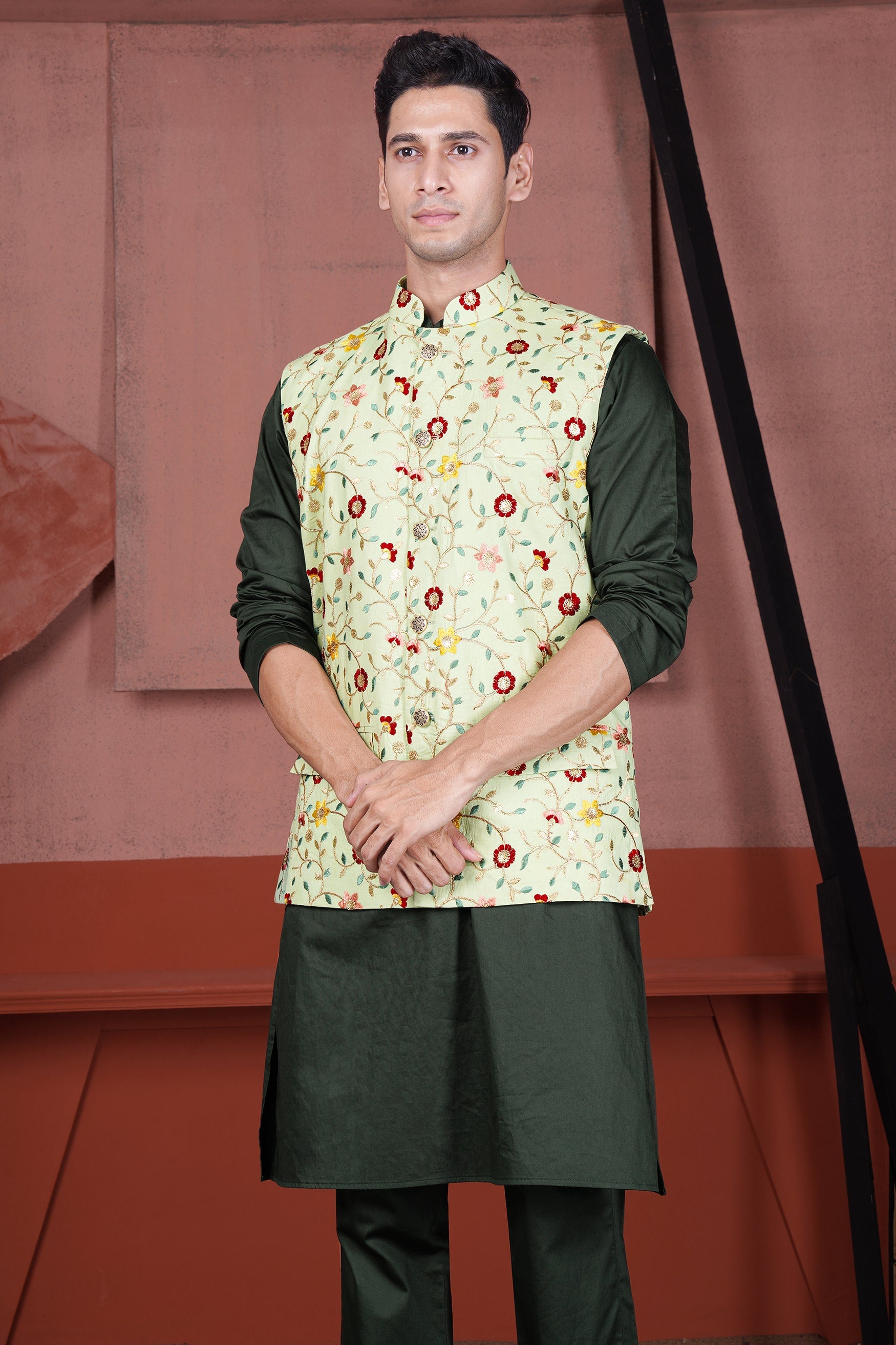 Timber Green Kurta with Hampton Green and Beryl Red Floral Multicolour Cotton Thread Embroidered Designer Nehru Jacket