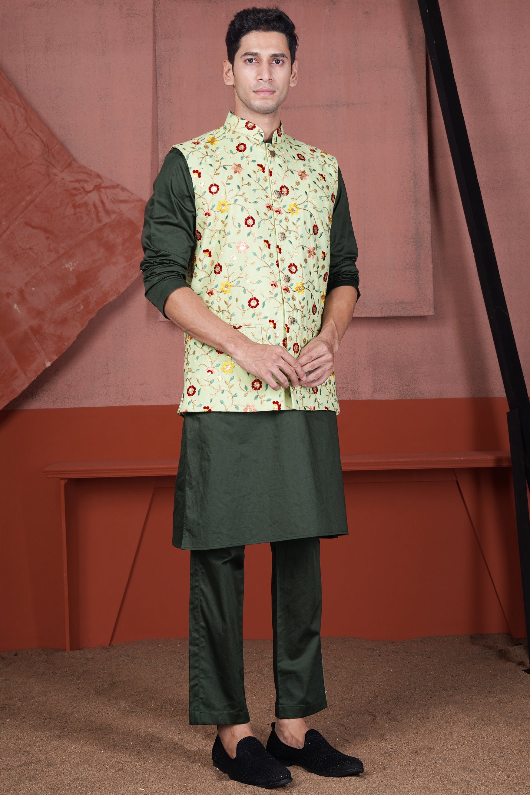 Timber Green Kurta with Hampton Green and Beryl Red Floral Multicolour Cotton Thread Embroidered Designer Nehru Jacket