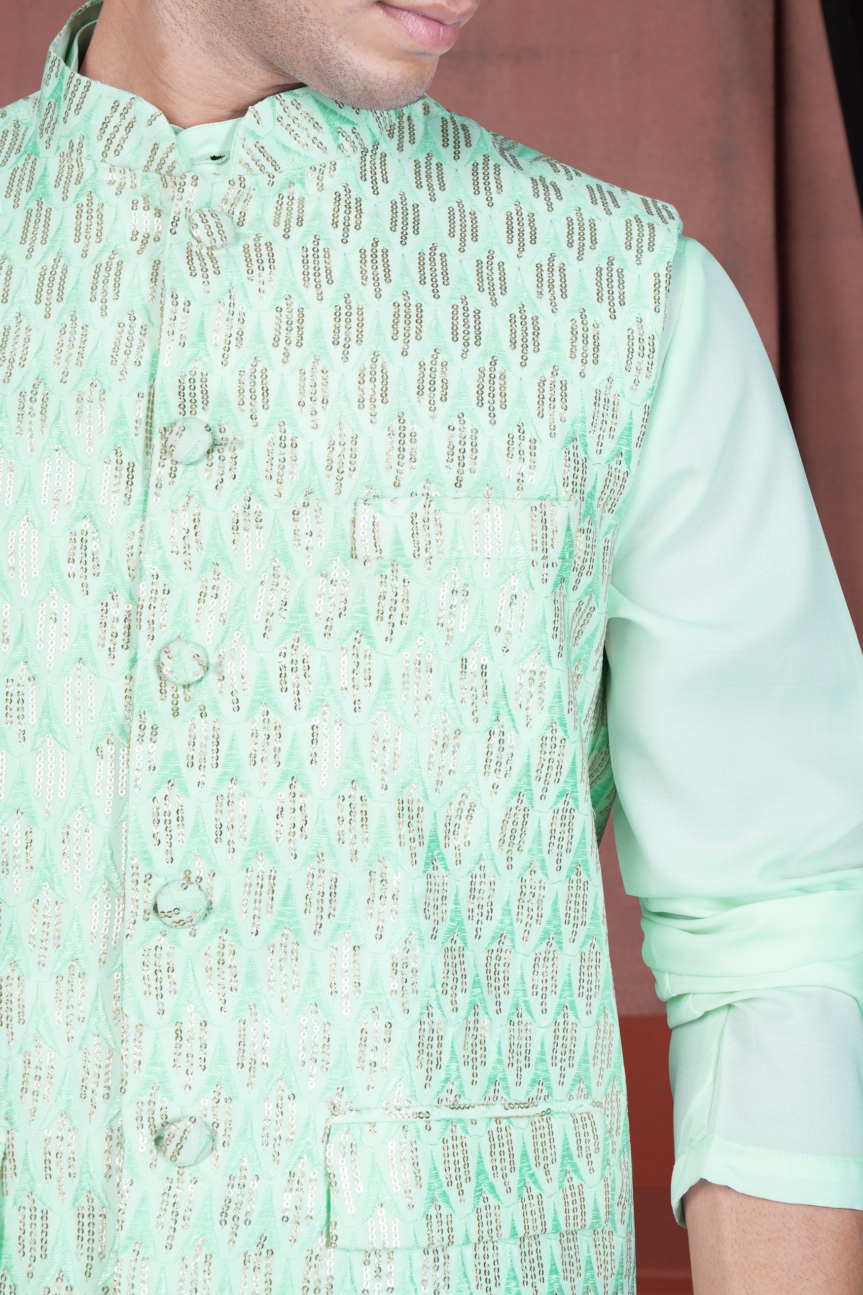 Edgewater Green Viscose Embroidered with Tikki Work Designer Kurta with Nehru Jacket