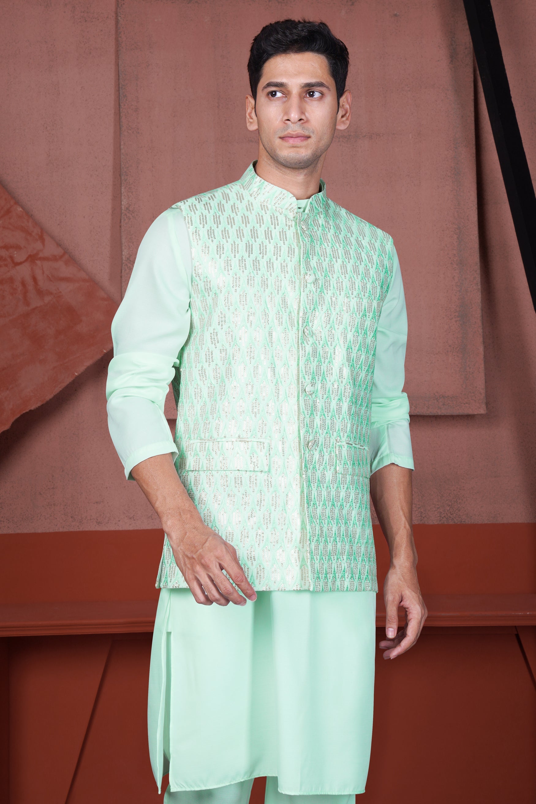 Edgewater Green Viscose Embroidered with Tikki Work Designer Kurta with Nehru Jacket