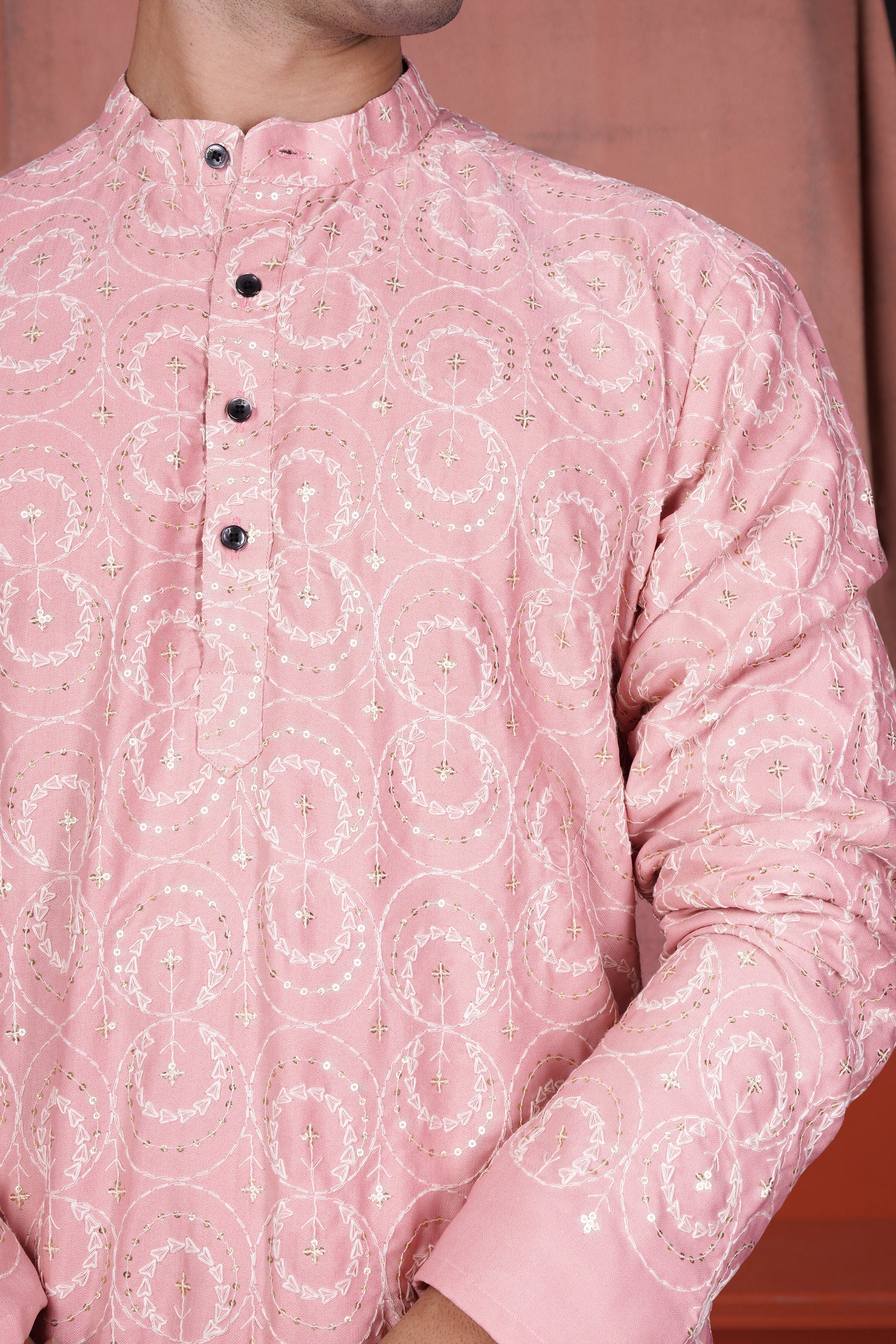 Careys Pink Viscose Kurta With Circular Cotton Thread Embroidered Designer Nehru Jacket