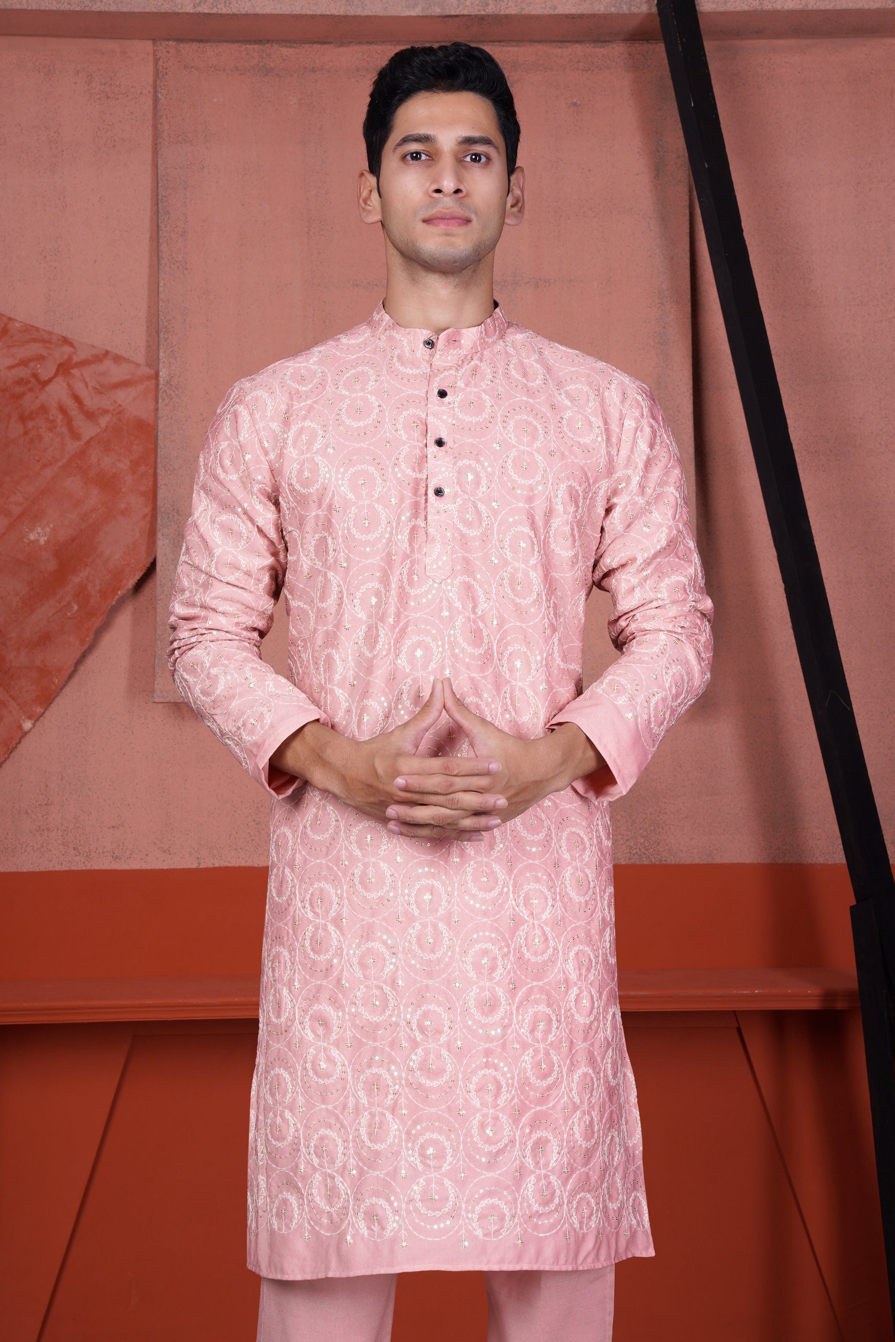 Careys Pink Viscose Kurta With Circular Cotton Thread Embroidered Designer Nehru Jacket