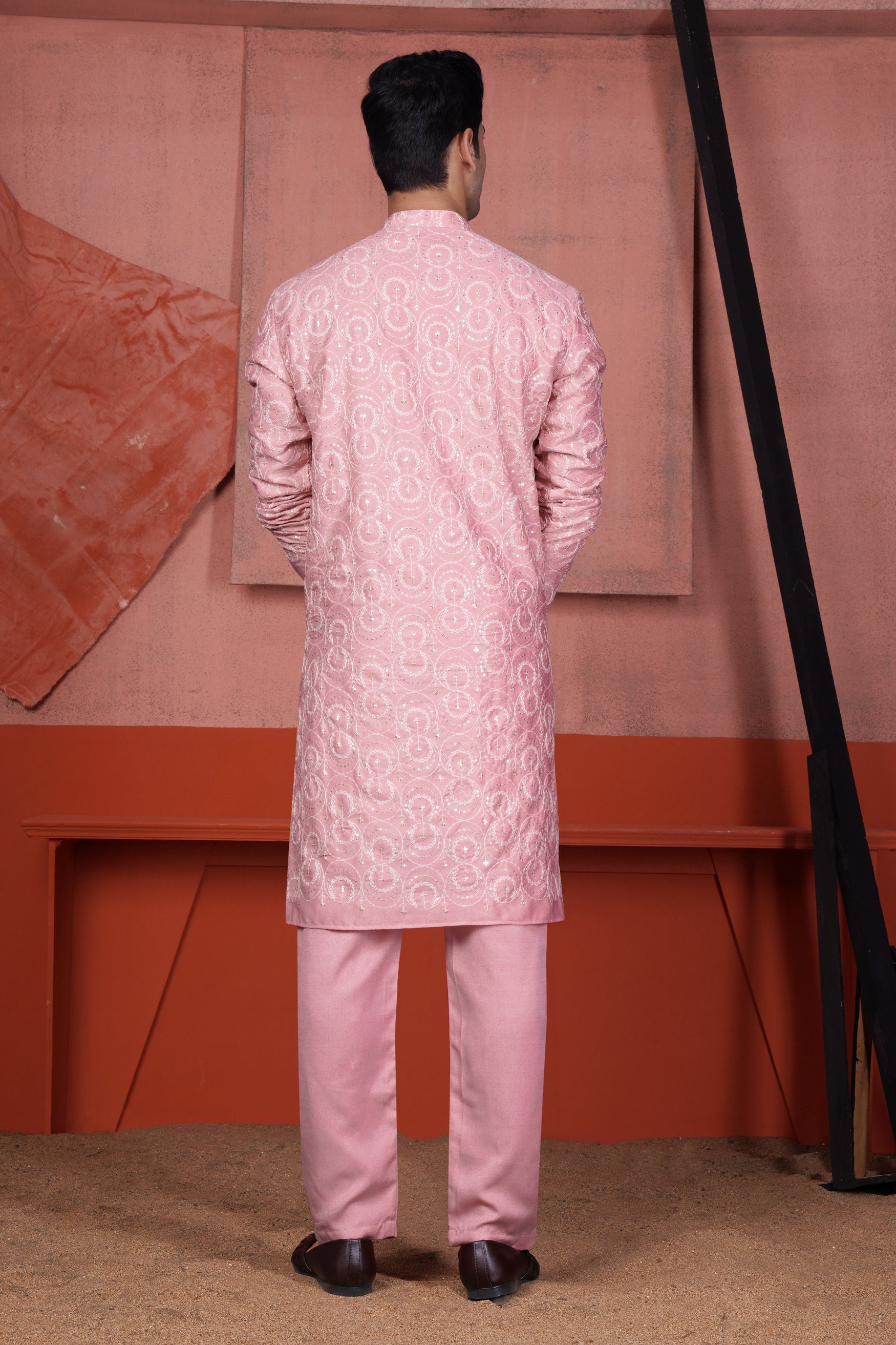 Careys Pink Viscose Kurta With Circular Cotton Thread Embroidered Designer Nehru Jacket