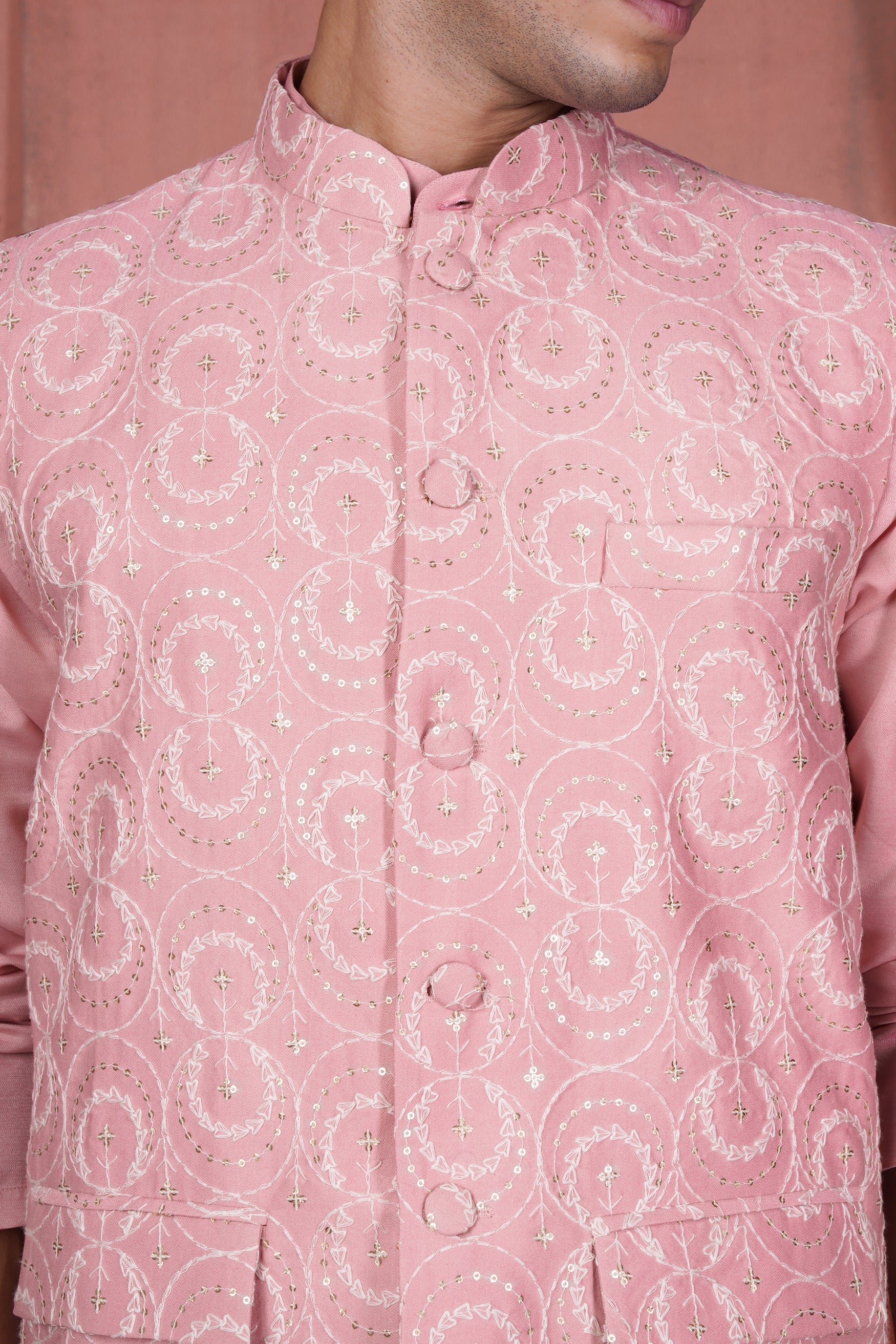 Careys Pink Viscose Kurta With Circular Cotton Thread Embroidered Designer Nehru Jacket