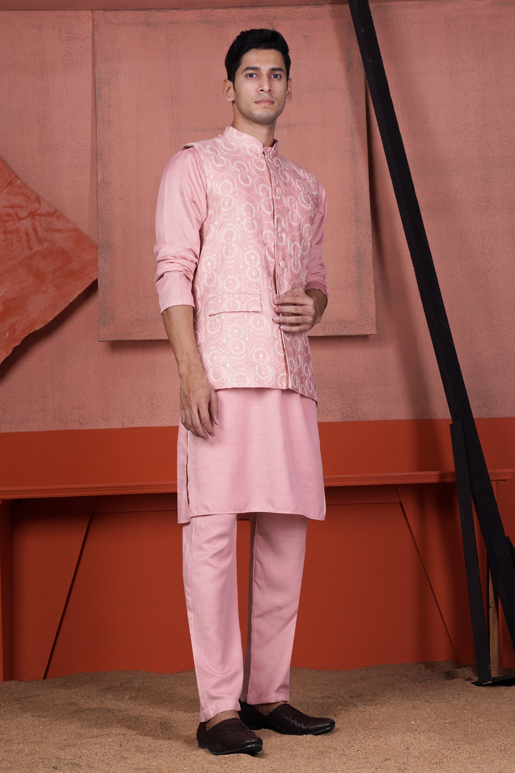 Careys Pink Viscose Kurta With Circular Cotton Thread Embroidered Designer Nehru Jacket