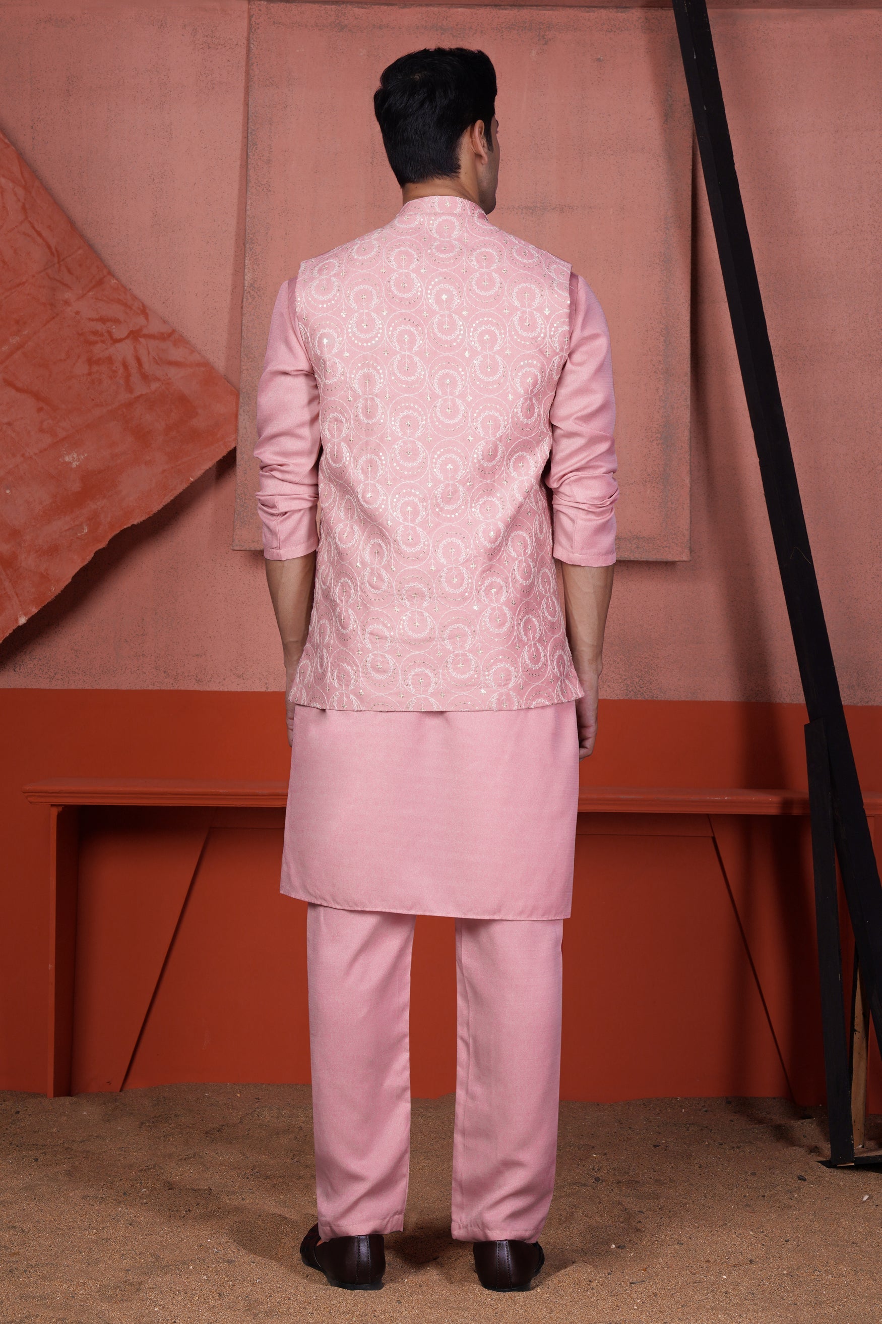 Careys Pink Viscose Kurta With Circular Cotton Thread Embroidered Designer Nehru Jacket