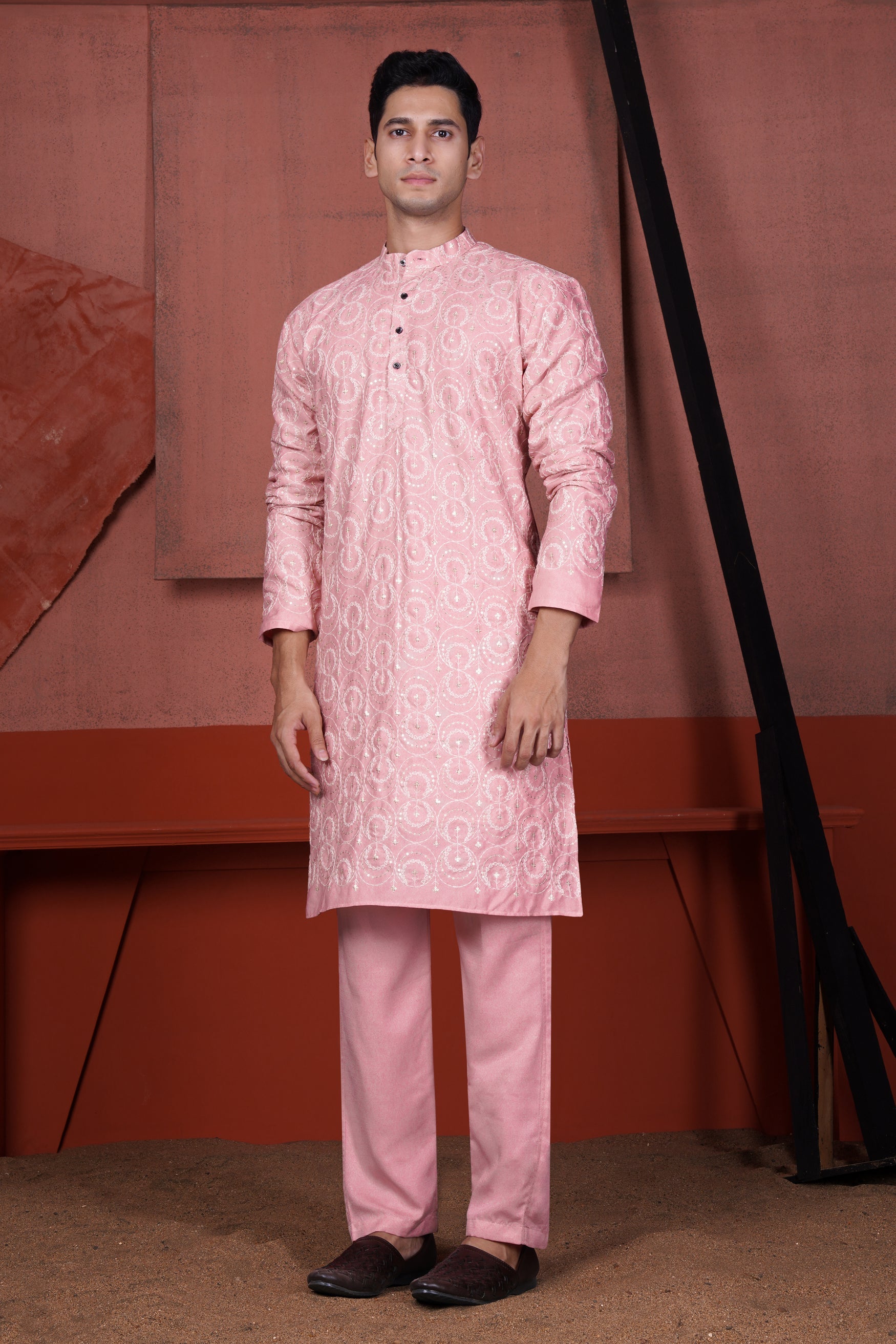 Careys Pink Viscose Kurta With Circular Cotton Thread Embroidered Designer Nehru Jacket