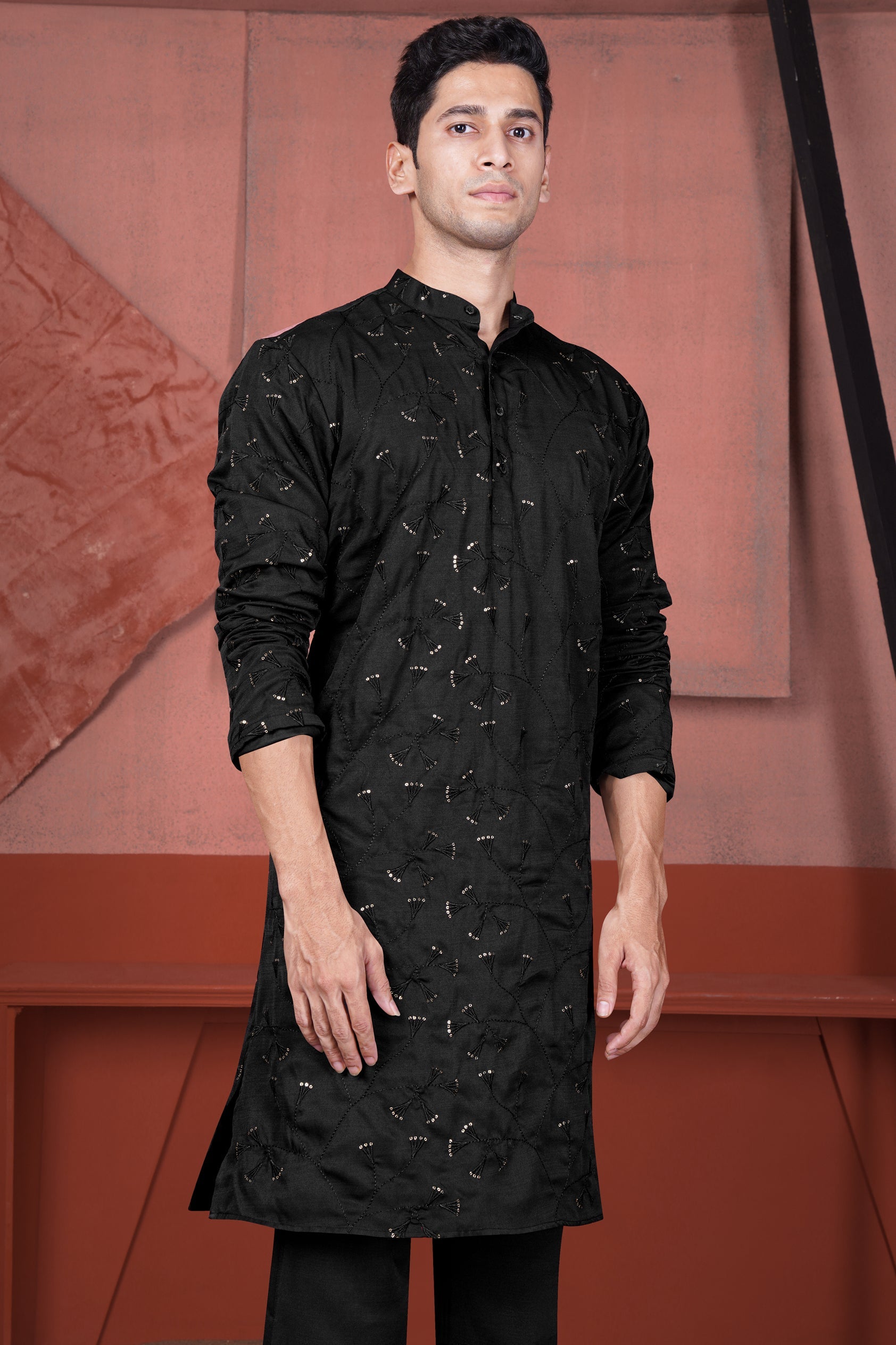 Jade Black Viscose Embroidered with Tikki Work Designer Kurta with Nehru Jacket