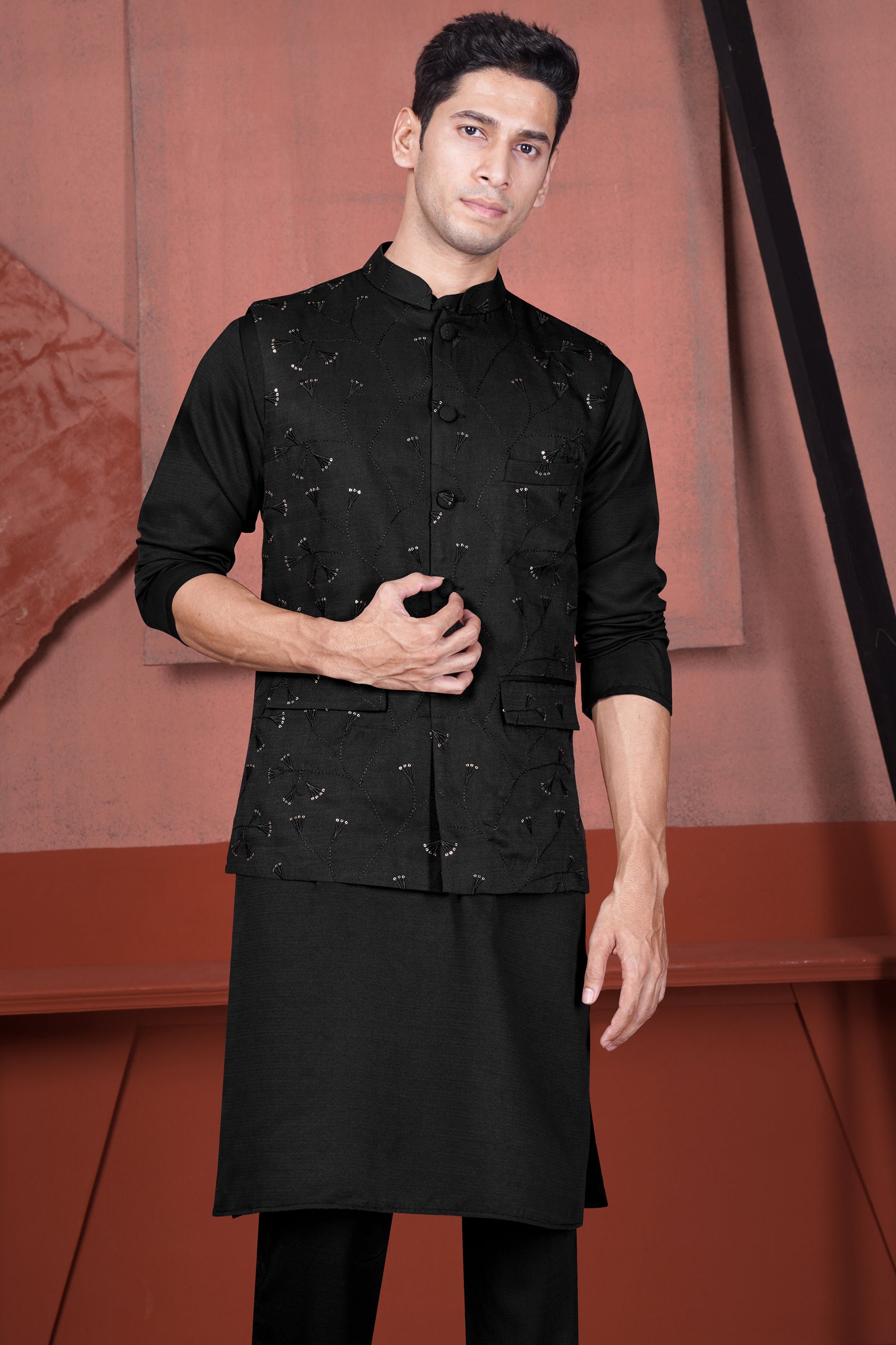 Jade Black Viscose Embroidered with Tikki Work Designer Kurta with Nehru Jacket