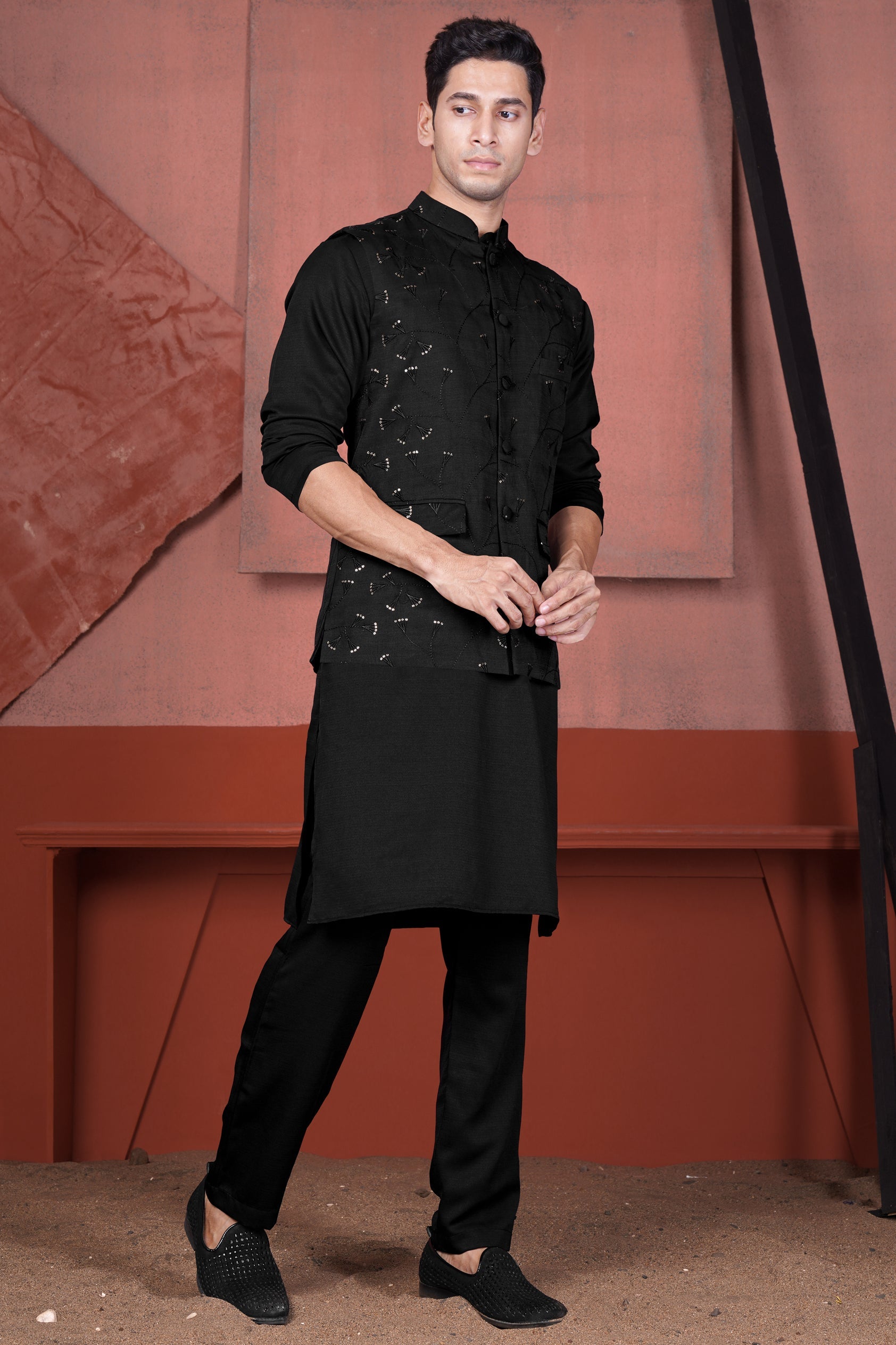 Jade Black Viscose Embroidered with Tikki Work Designer Kurta with Nehru Jacket