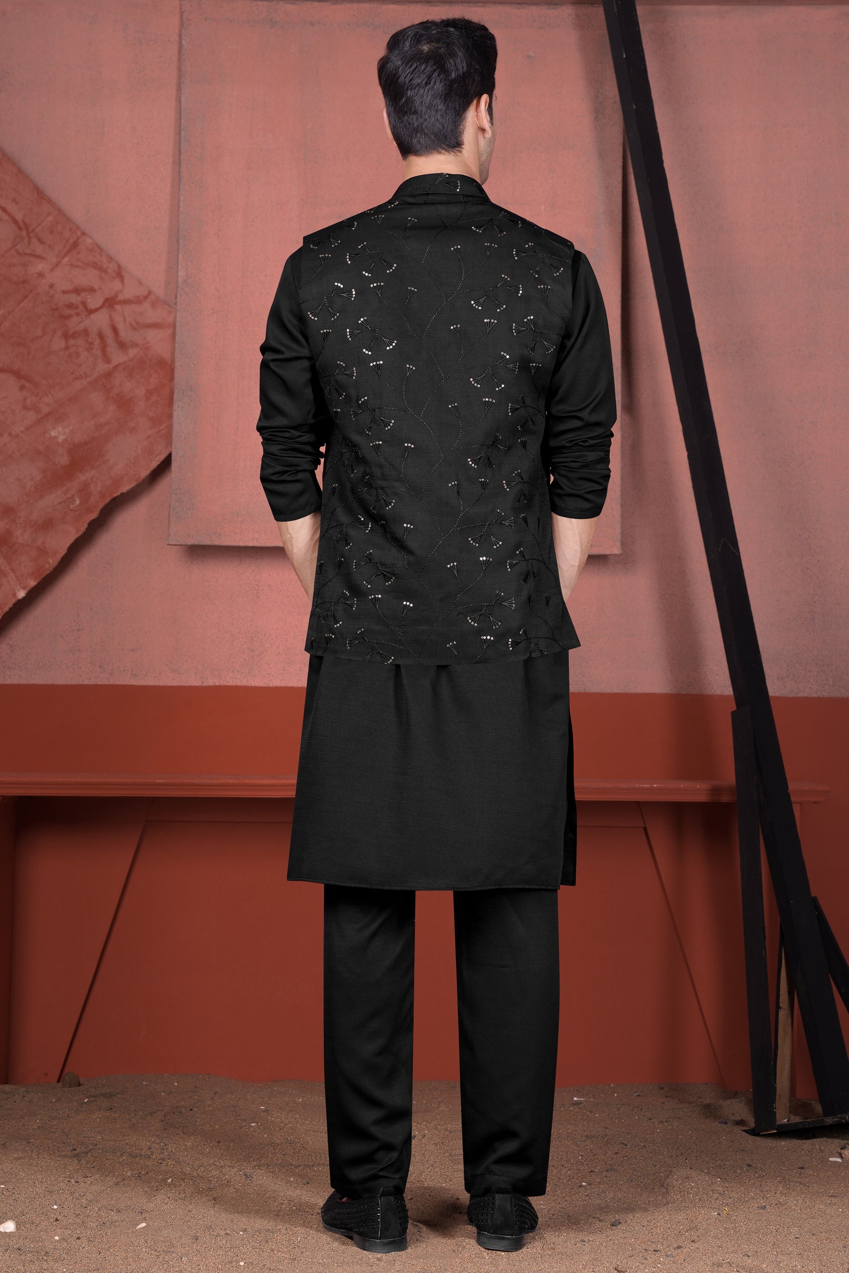 Jade Black Viscose Embroidered with Tikki Work Designer Kurta with Nehru Jacket