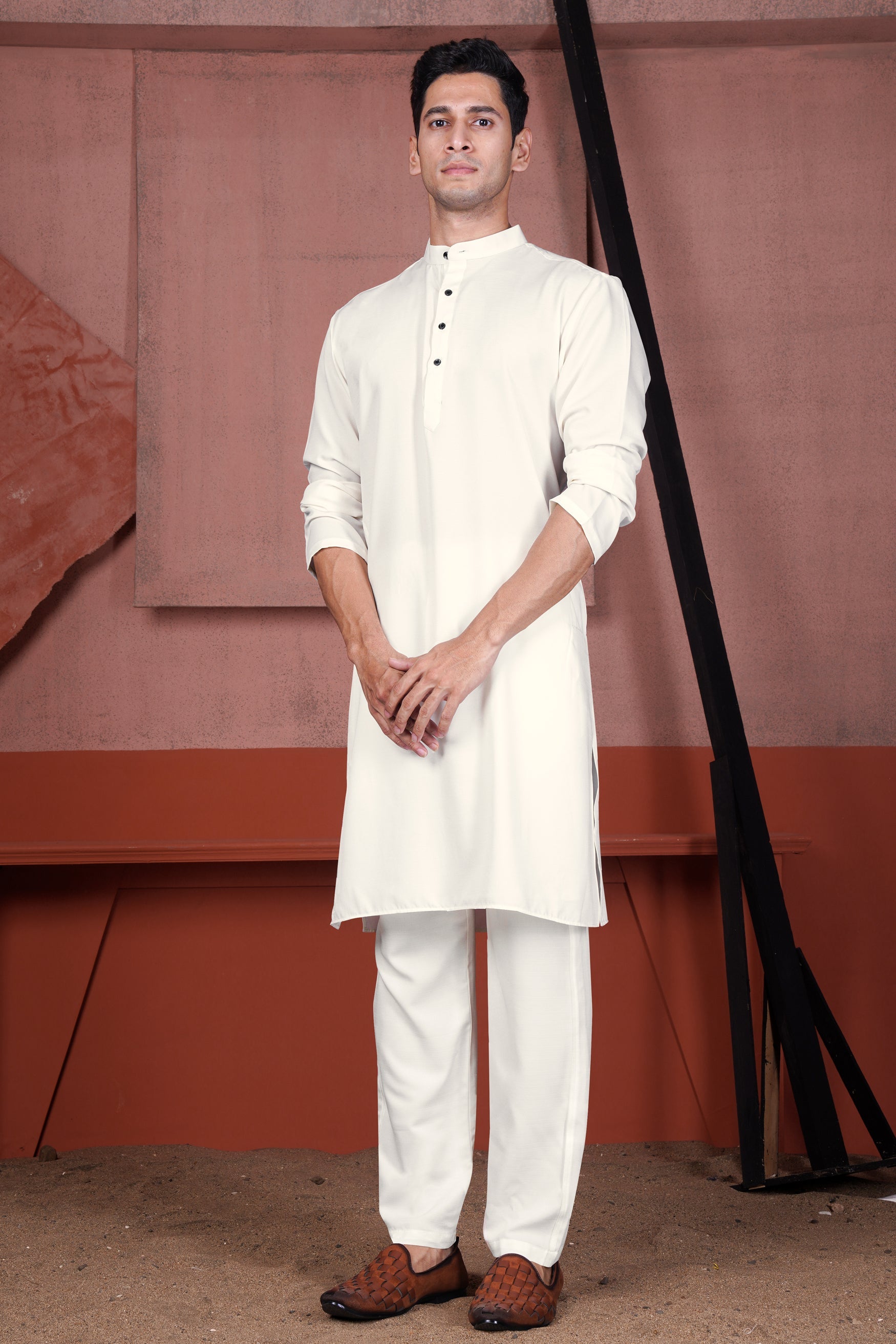 Albescent Cream Viscose Embroidered Designer Kurta with Nehru Jacket