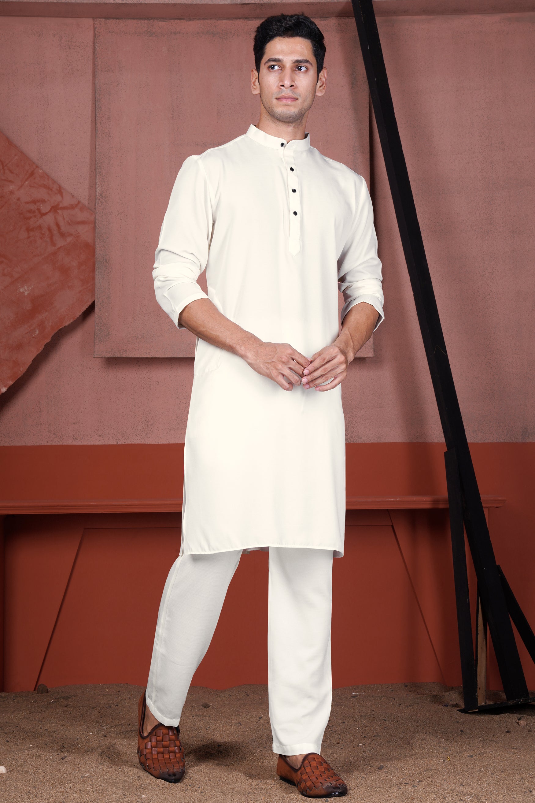 Albescent Cream Viscose Embroidered Designer Kurta with Nehru Jacket