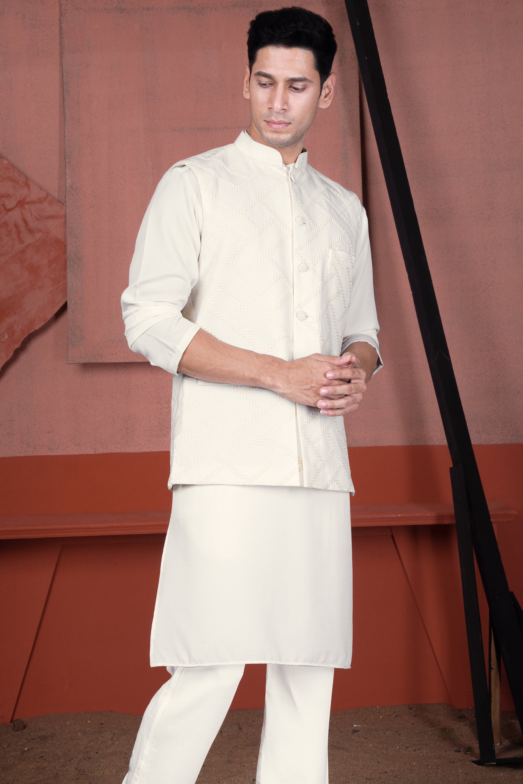 Albescent Cream Viscose Embroidered Designer Kurta with Nehru Jacket