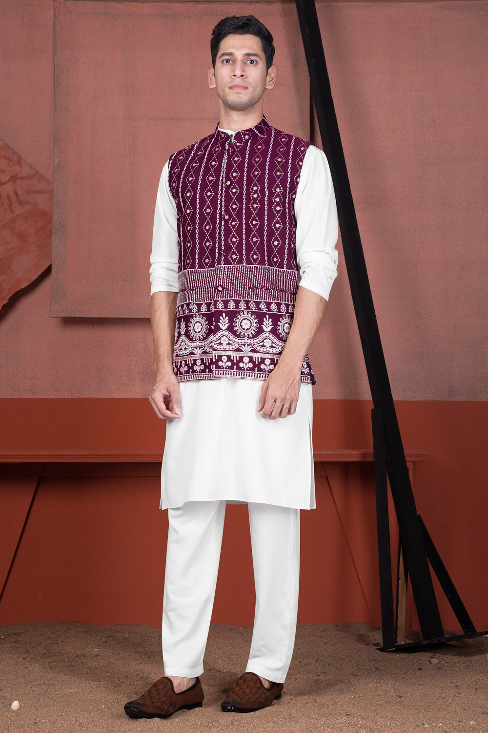 BRIGHT WHITE KURTA WITH PANSY PURPLE COTTON THREAD EMBROIDERED VISCOSE DESIGNER NEHRU JACKET