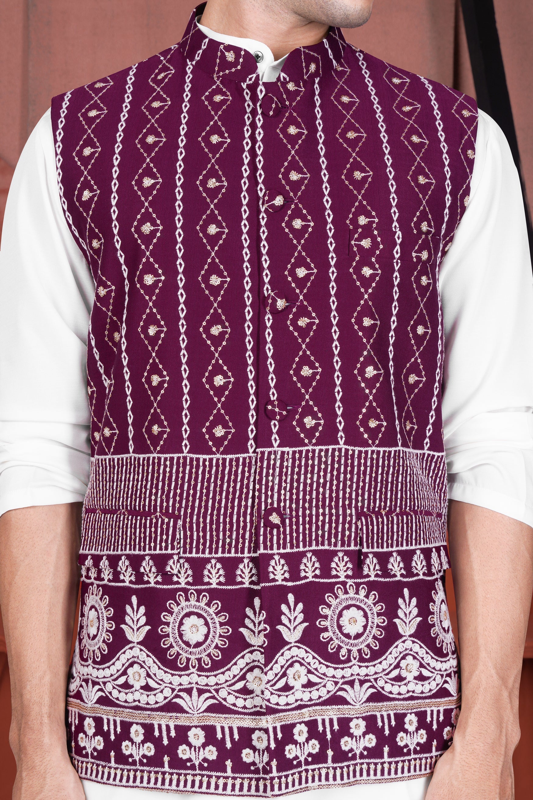 Bright White Kurta with Pansy Purple Cotton Thread Embroidered Viscose Designer Nehru Jacket