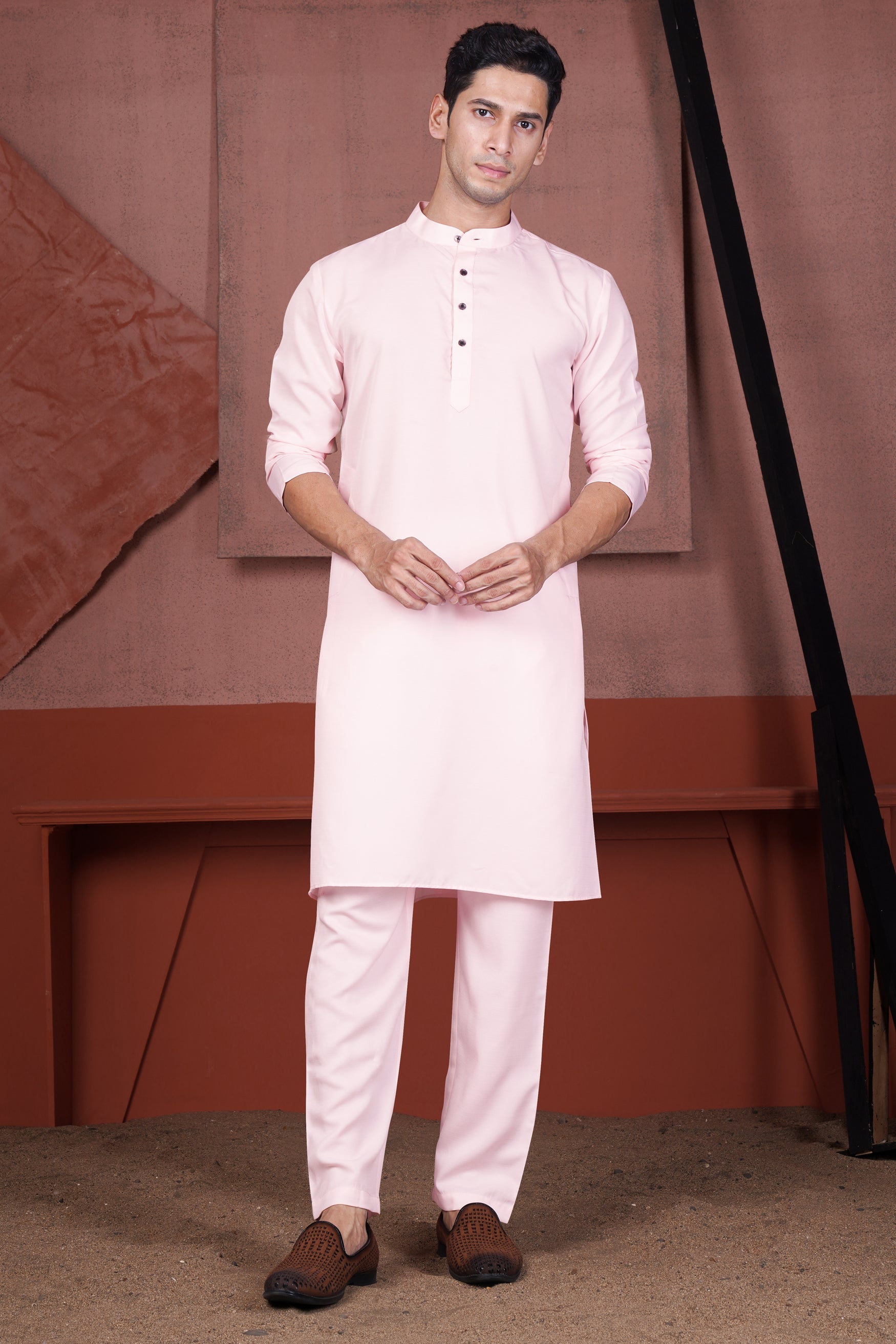 Blush Pink Viscose Embroidered With Tikki Work Designer Kurta With Nehru Jacket