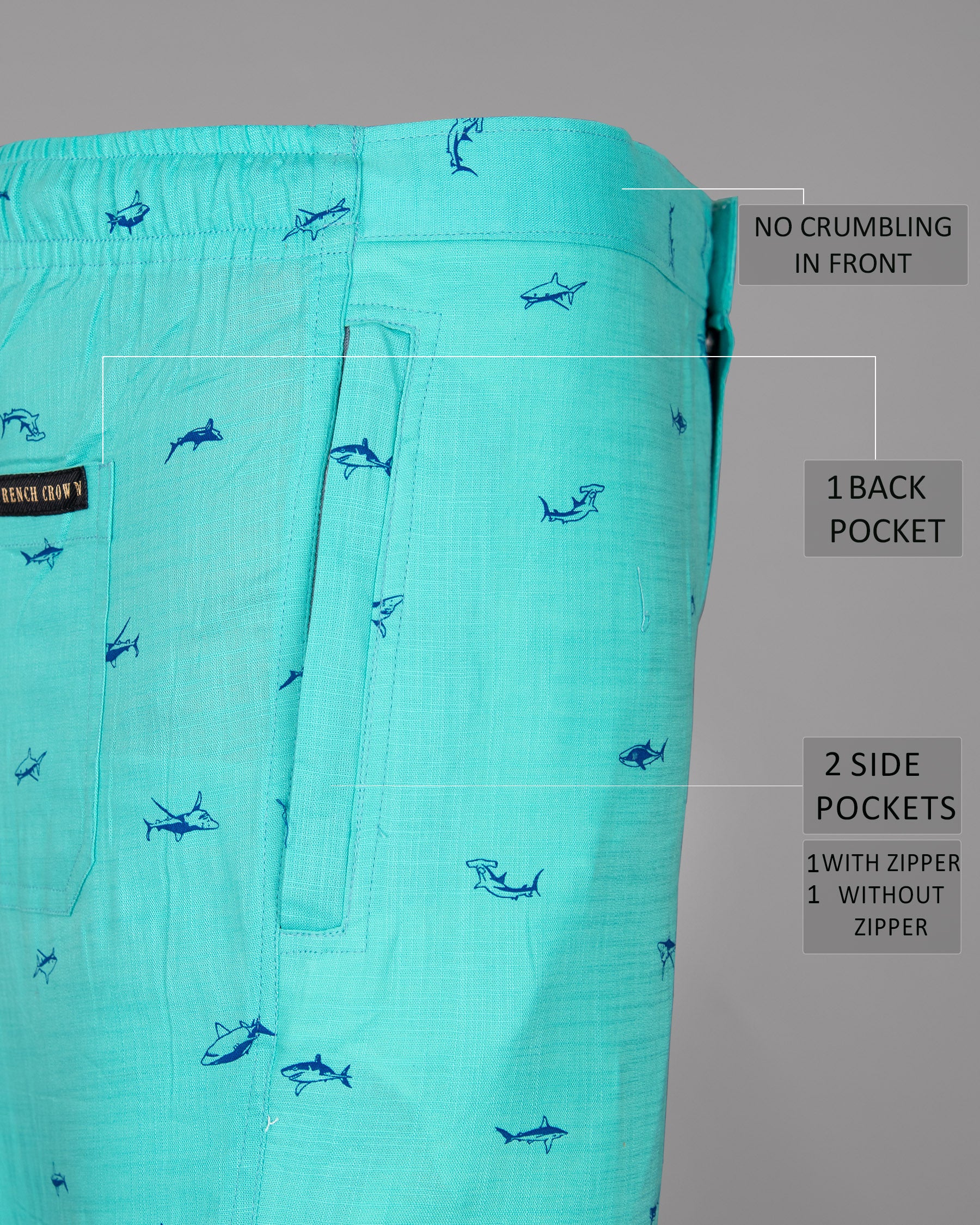 Bright Turquoise Shark Printed Luxurious Linen Lounge Pant LP157-28, LP157-30, LP157-32, LP157-34, LP157-36, LP157-38, LP157-40, LP157-42, LP157-44