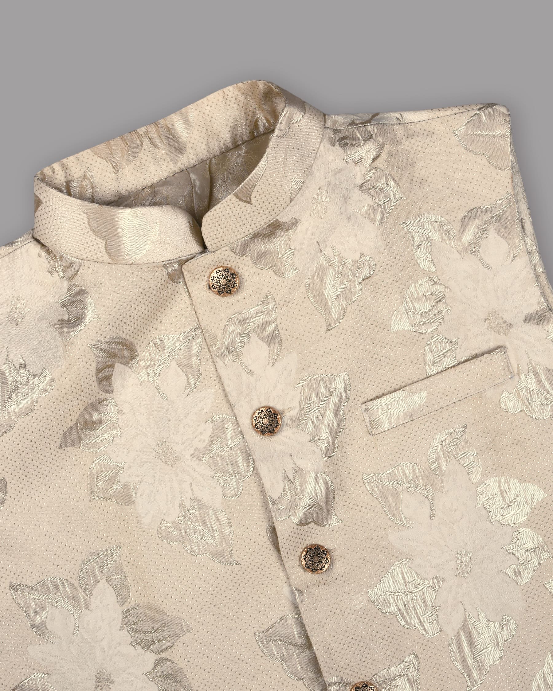 Cream Flowers and Leaves Jacquard Designer Nehru Jacket