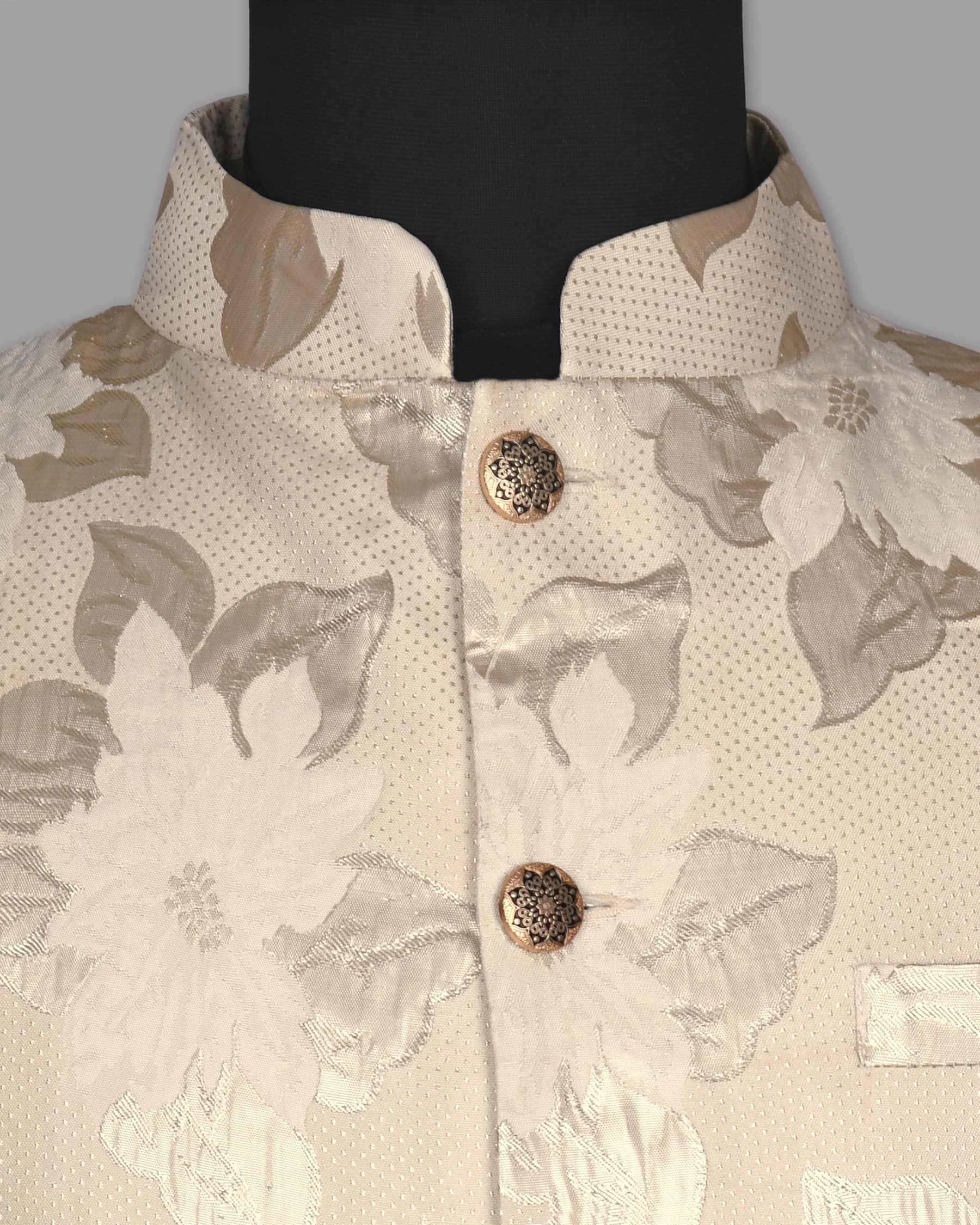 Cream Flowers and Leaves Jacquard Designer Nehru Jacket