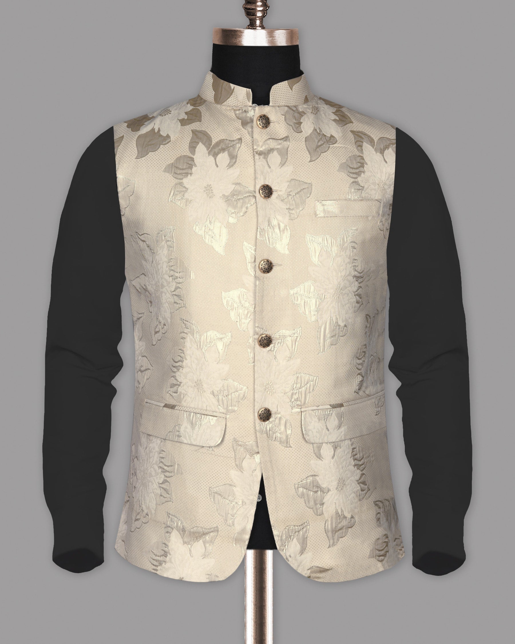 Cream Flowers and Leaves Jacquard Designer Nehru Jacket