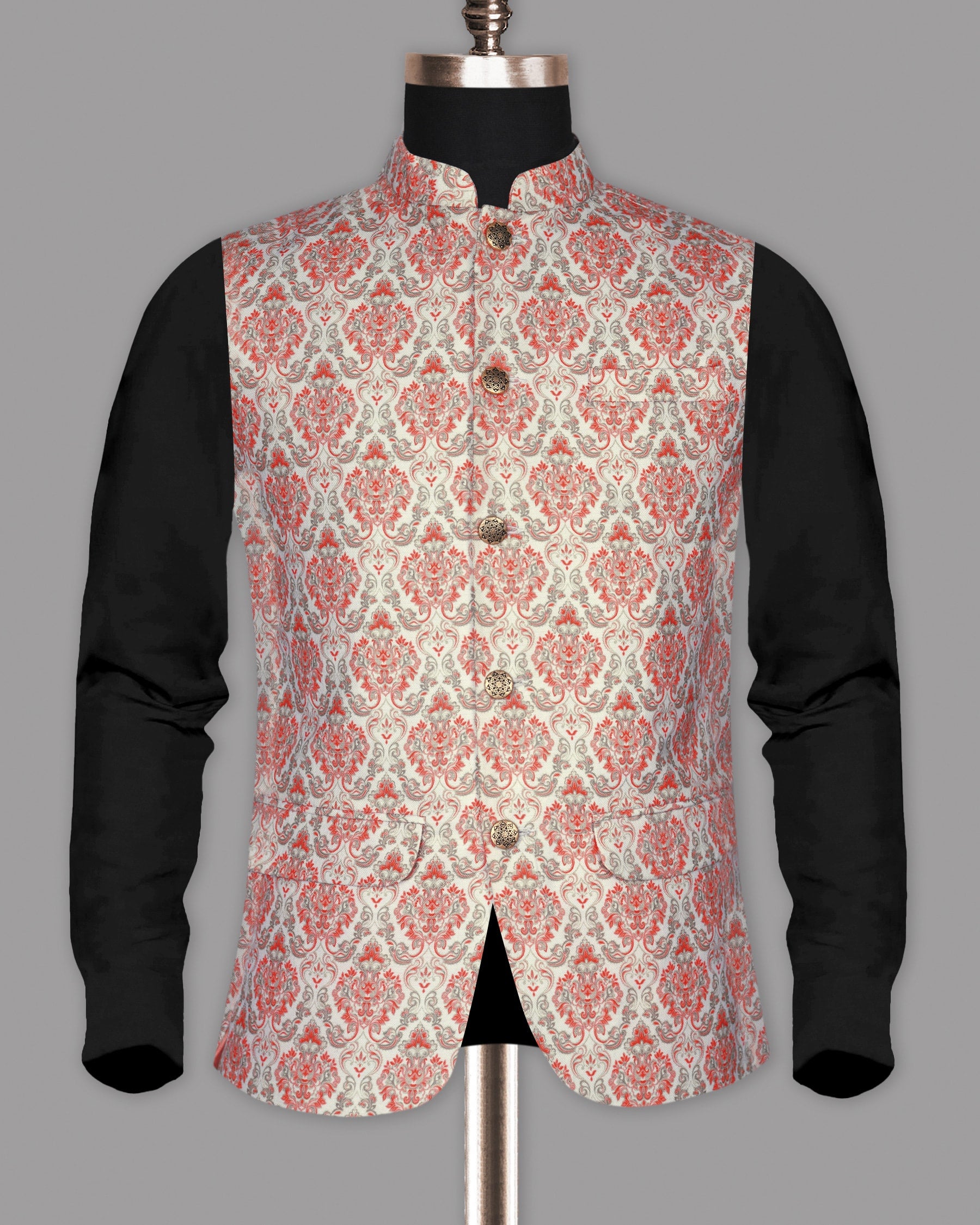 Peach with Olive Ancient Fort Art Print Premium Designer Nehru Jacket