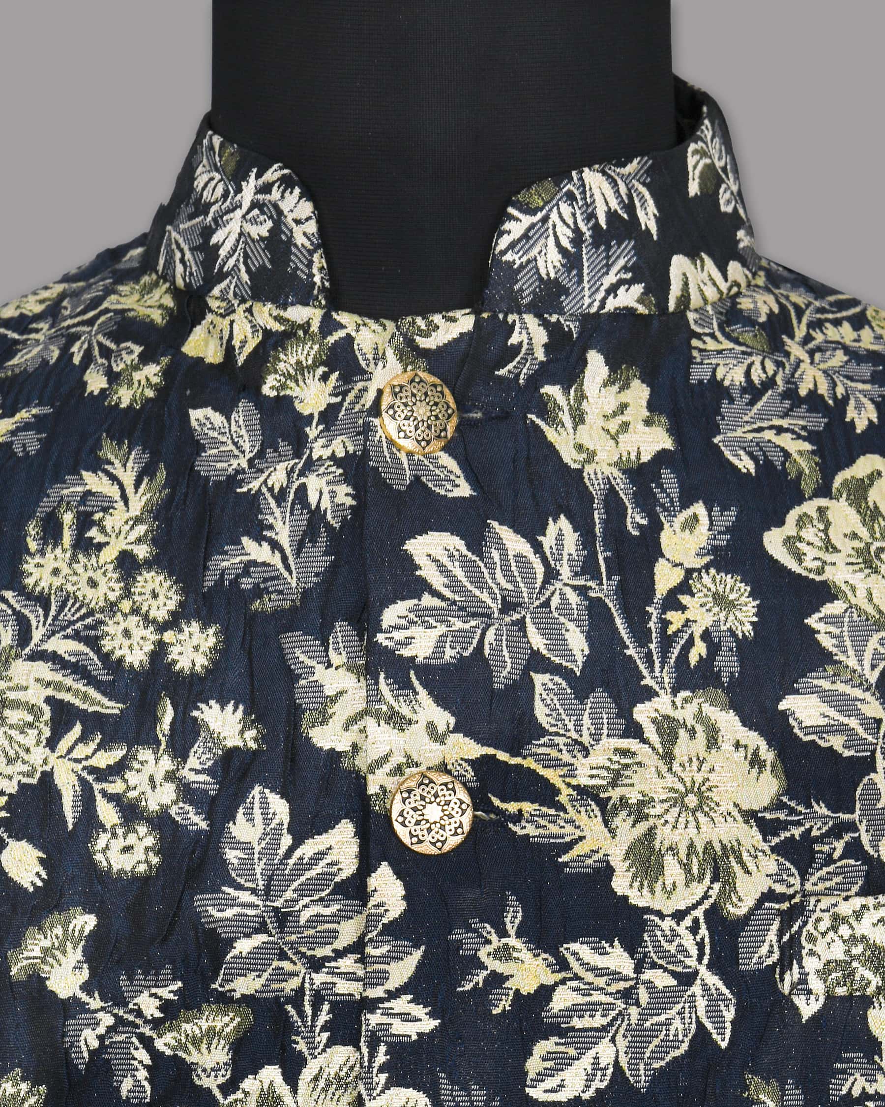 Navy with Golden Flower Jacquard Designer Nehru Jacket