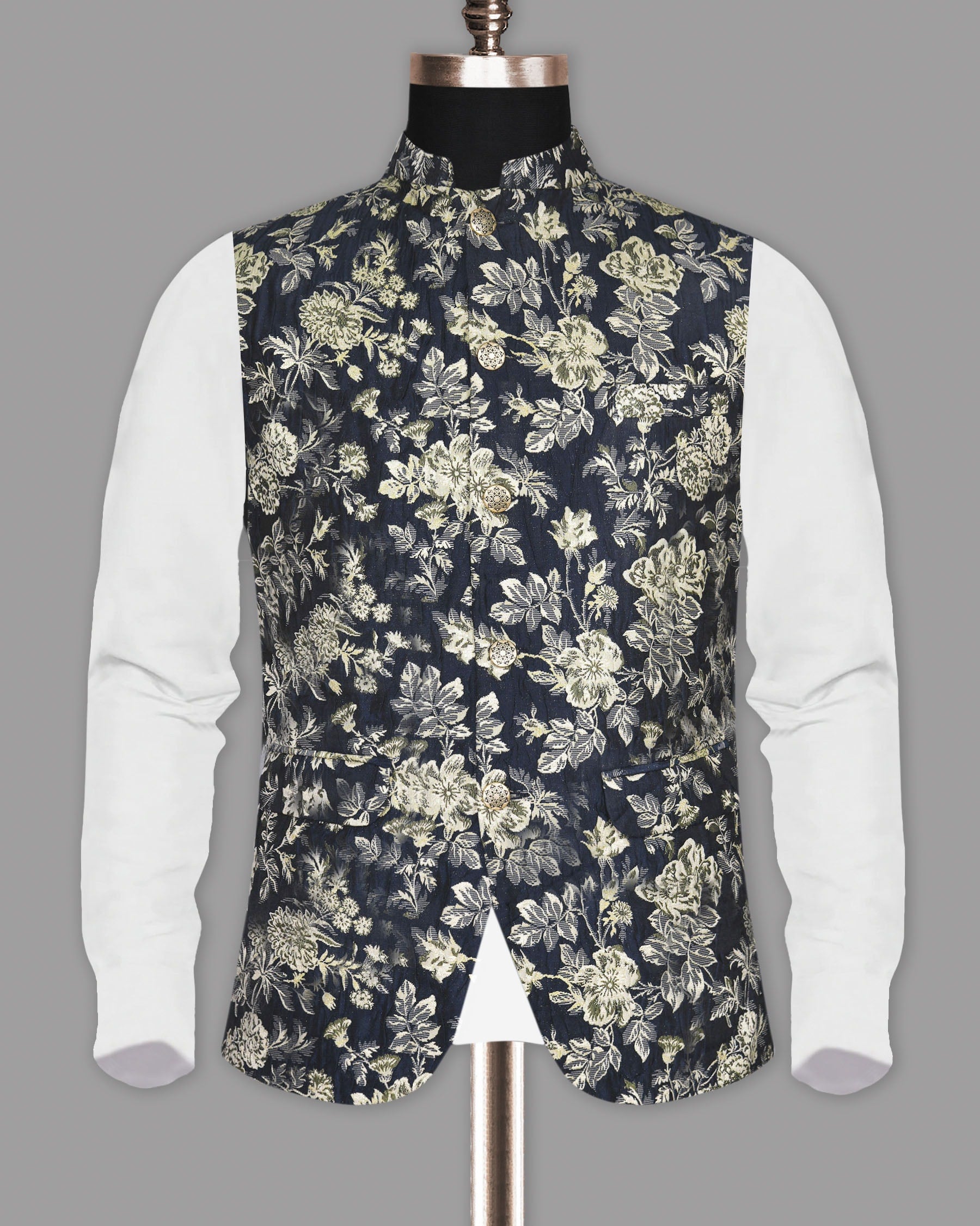 Navy with Golden Flower Jacquard Designer Nehru Jacket