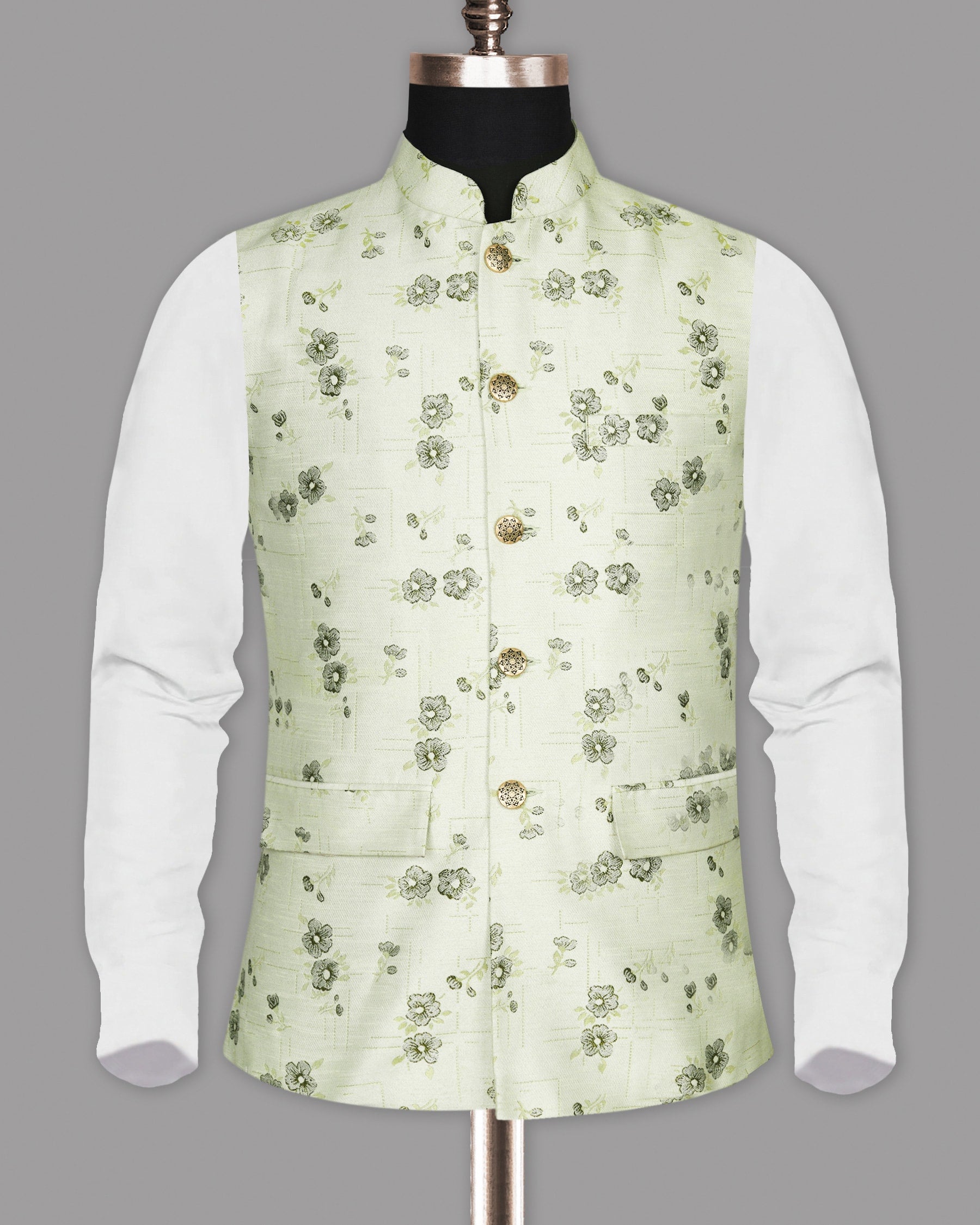 Light Mint with Metal Flower Jacquard Designer Nehru Jacket