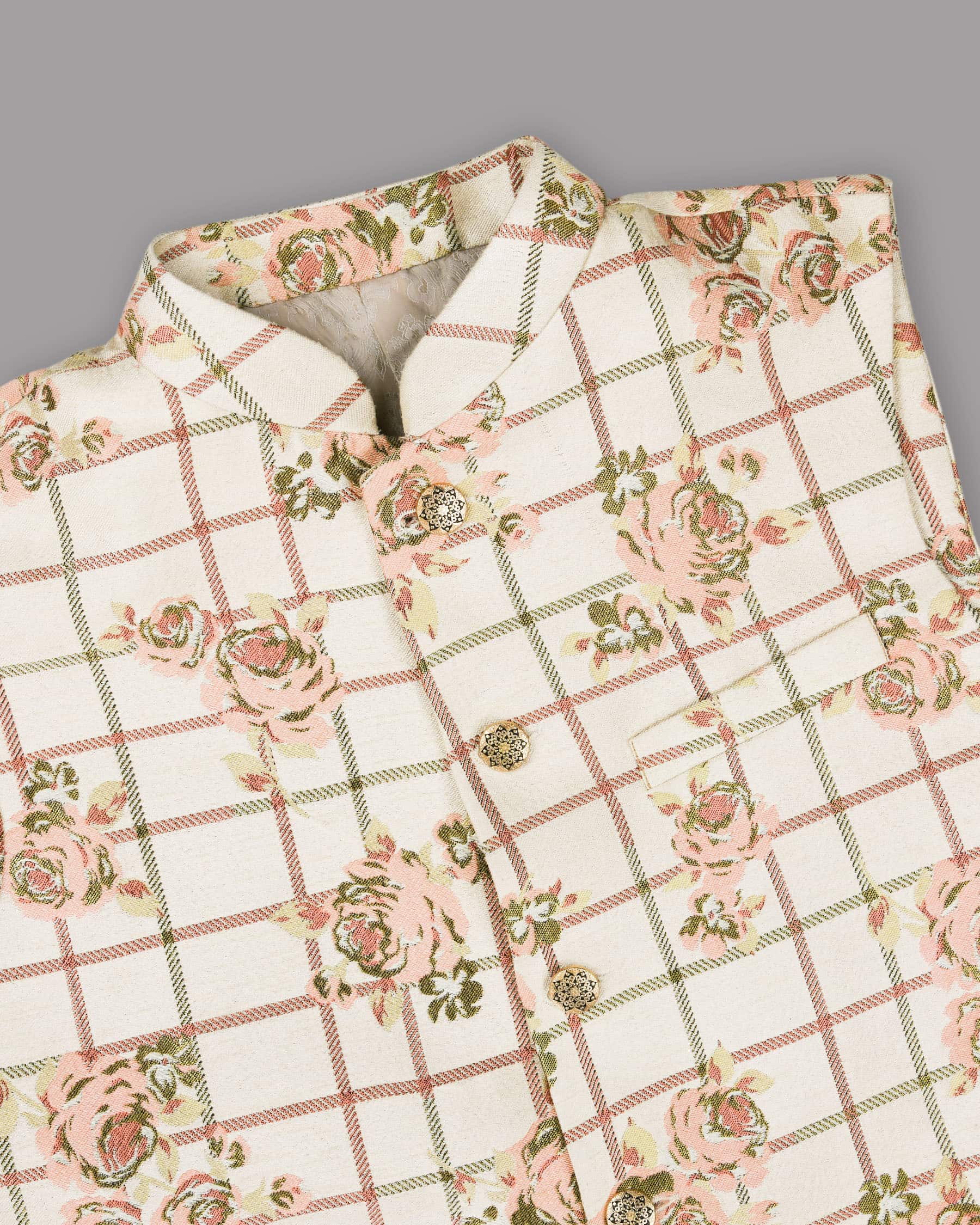 Beige with Pink Flowers and windowpane Jacquard Designer Nehru Jacket