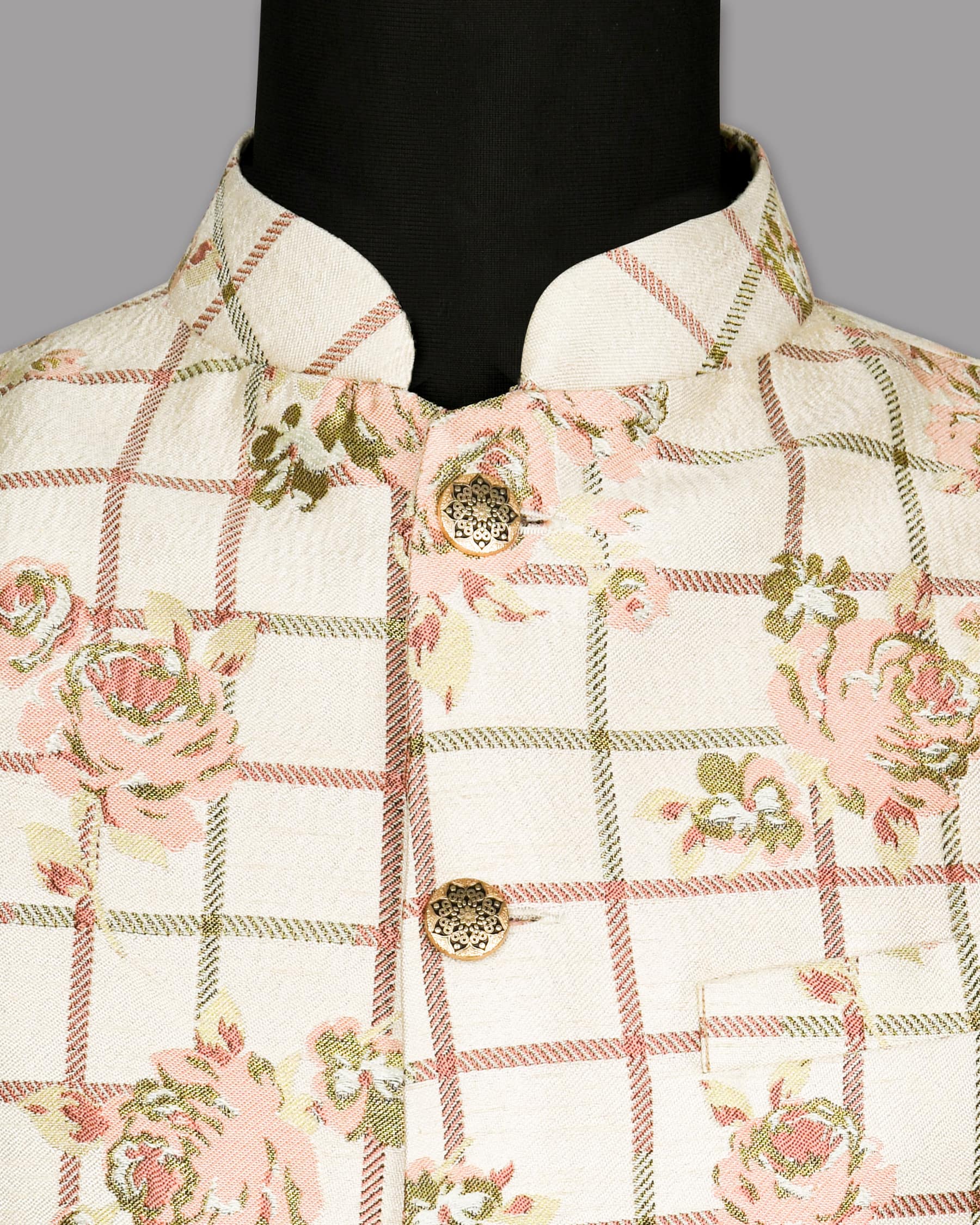 Beige with Pink Flowers and windowpane Jacquard Designer Nehru Jacket