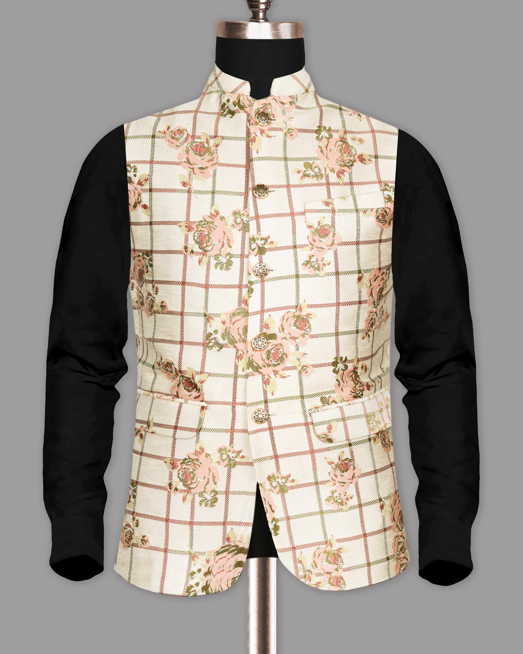 Beige with Pink Flowers and windowpane Jacquard Designer Nehru Jacket