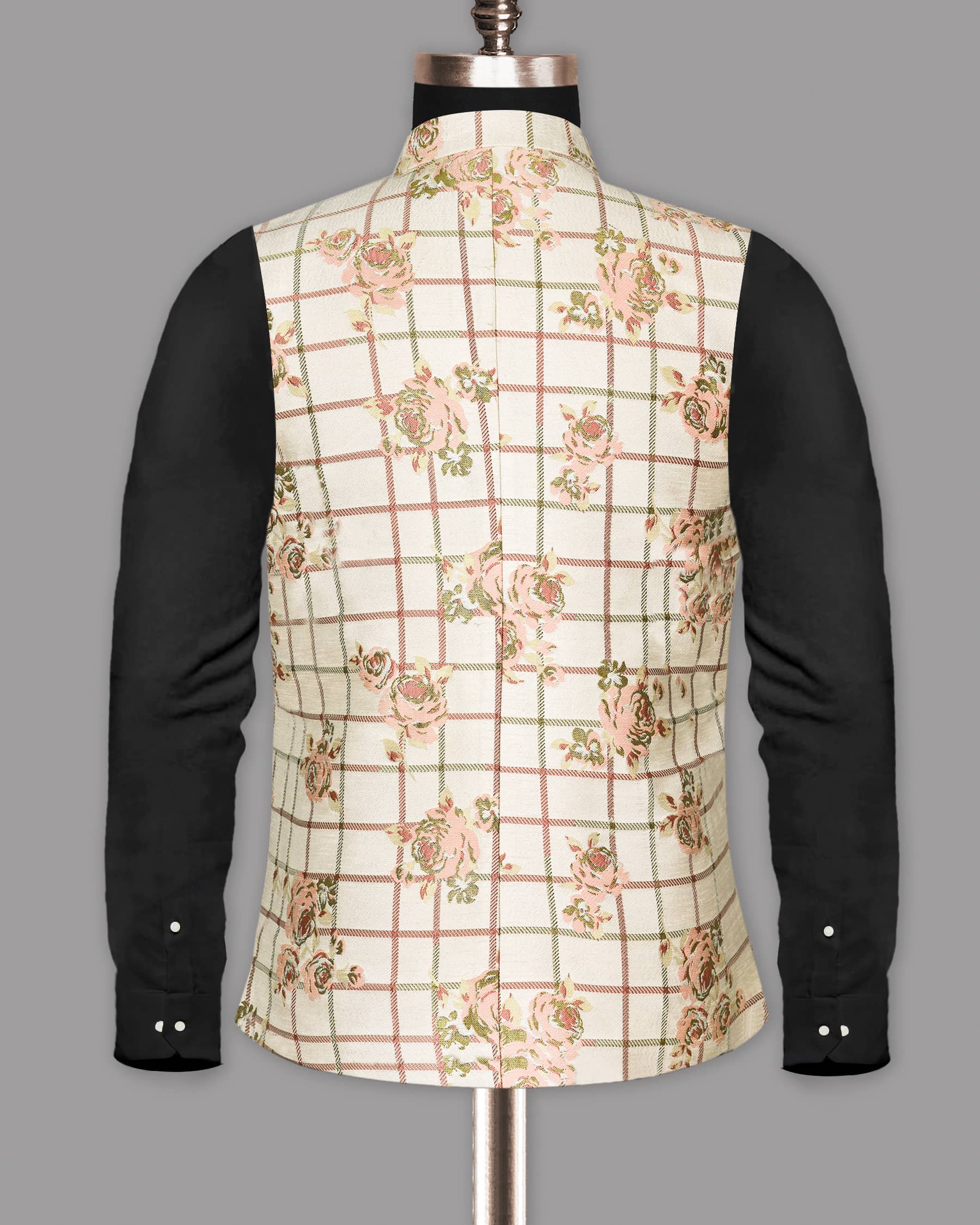 Beige with Pink Flowers and windowpane Jacquard Designer Nehru Jacket