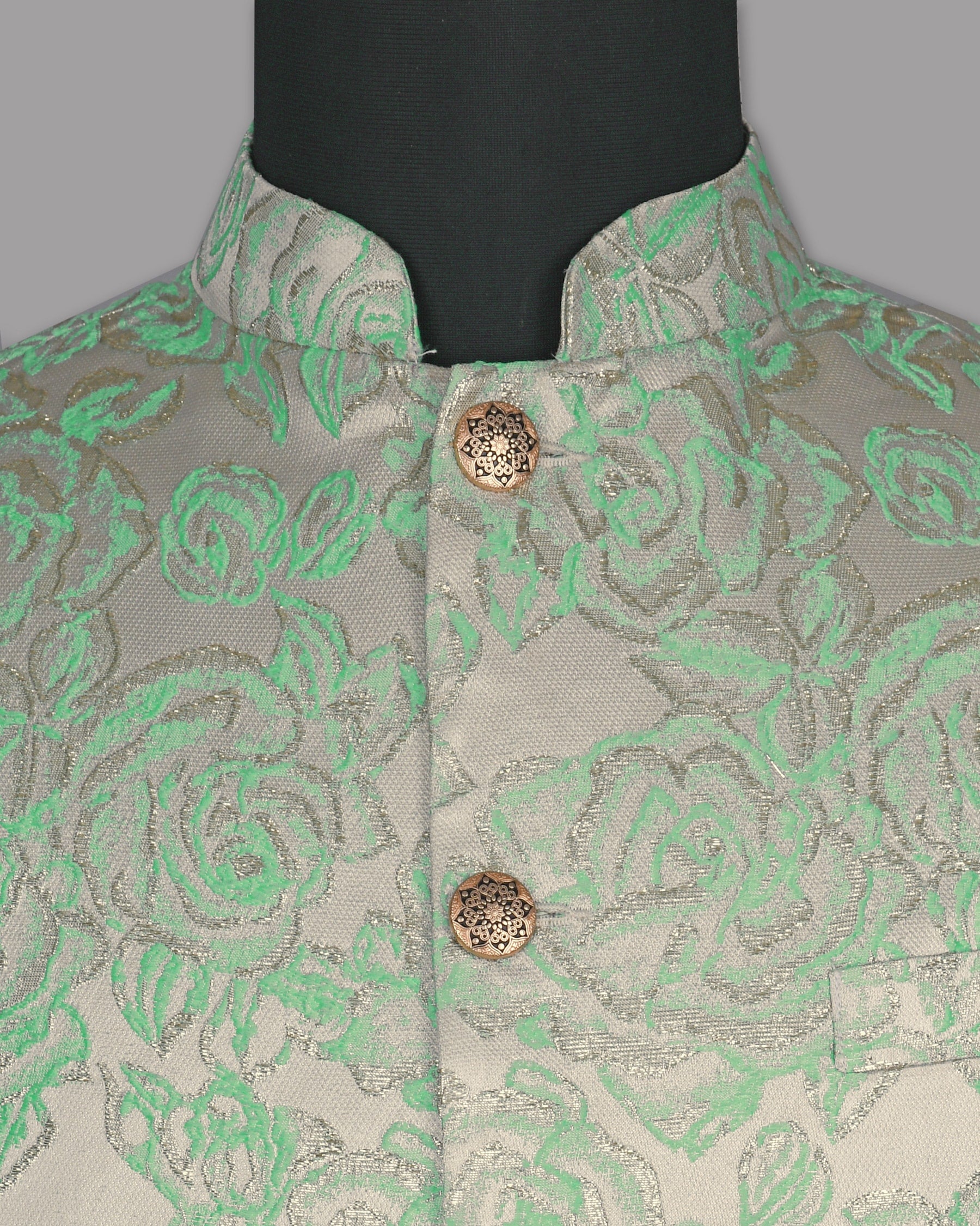 Mint with Silver Threading and Rose Jacquard Textured Designer Nehru Jacket