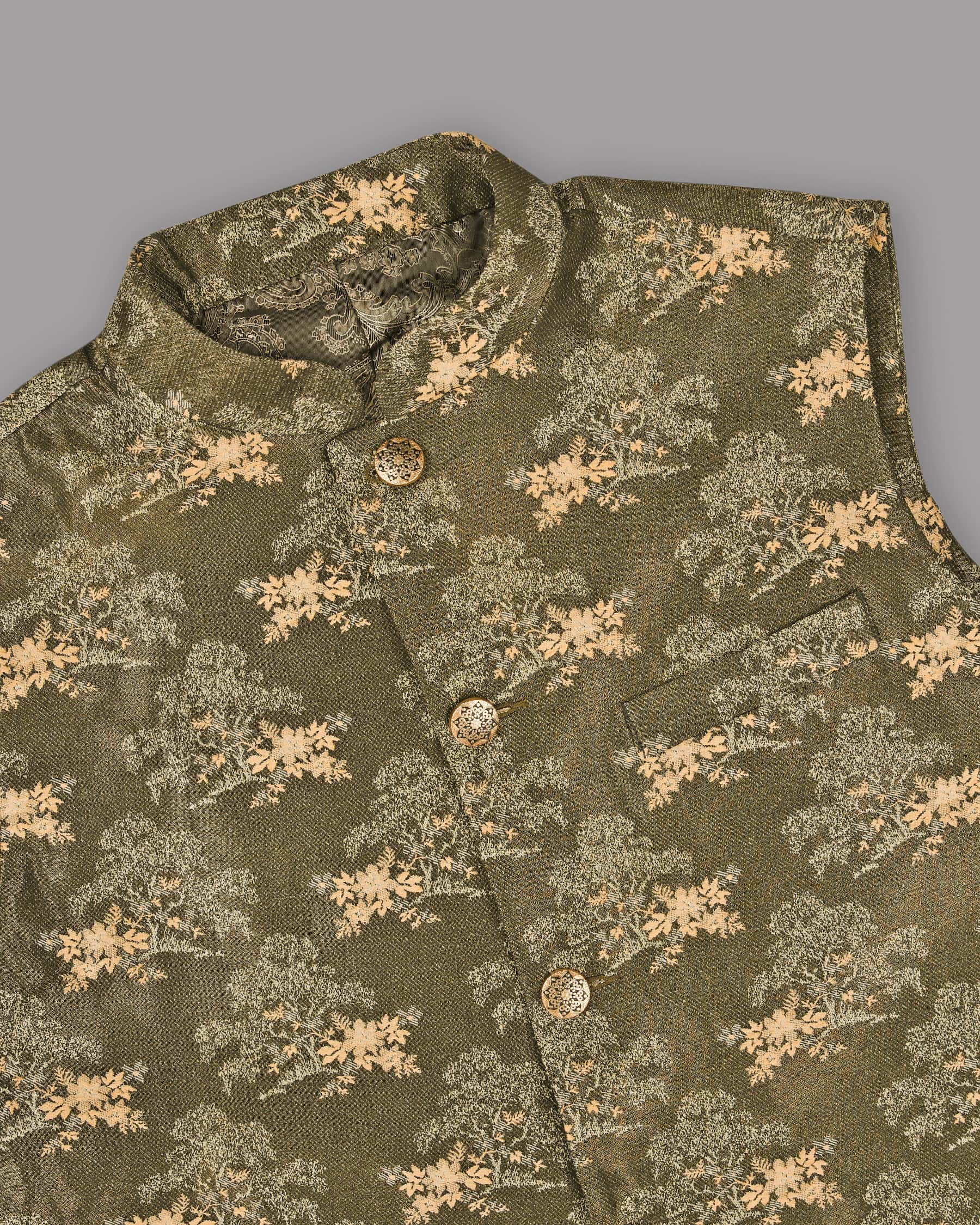 Moss Green with Cream Flower Jacquard Premium Designer Nehru Jacket