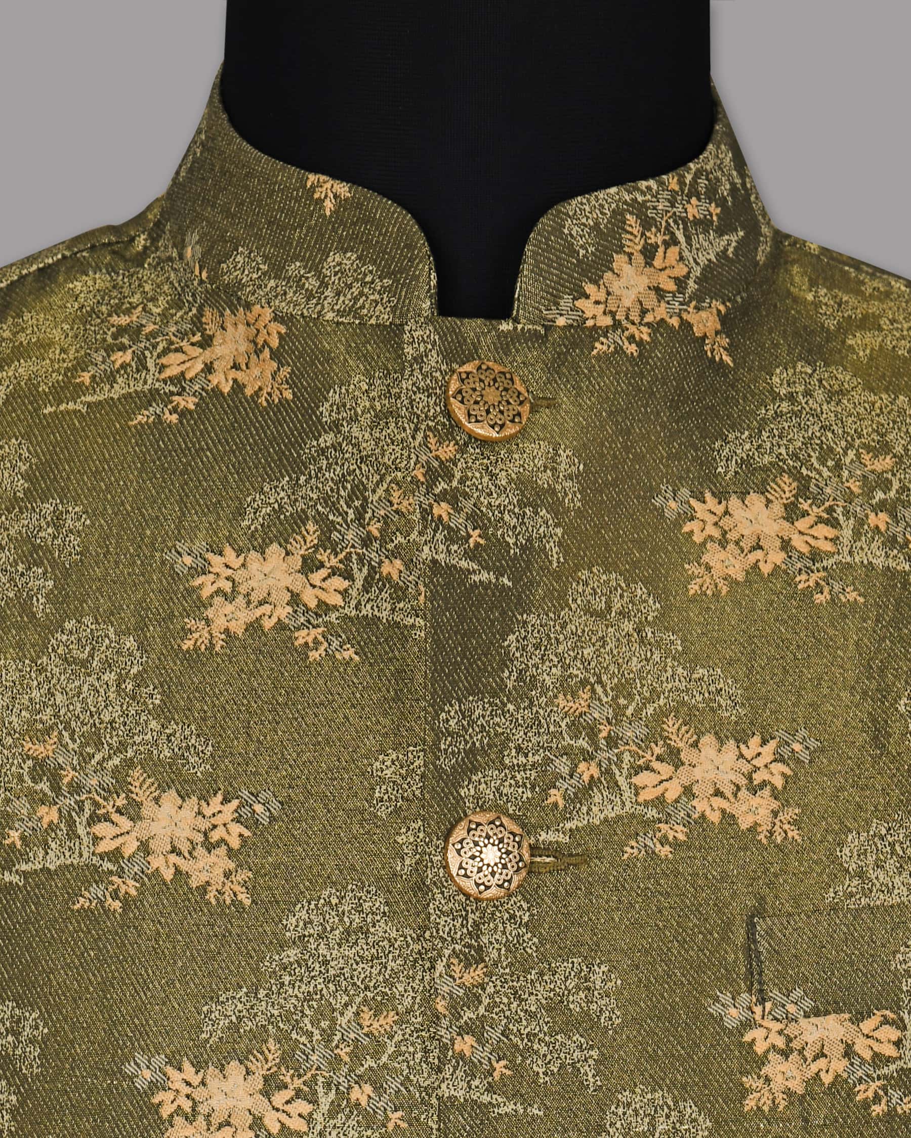 Moss Green with Cream Flower Jacquard Premium Designer Nehru Jacket