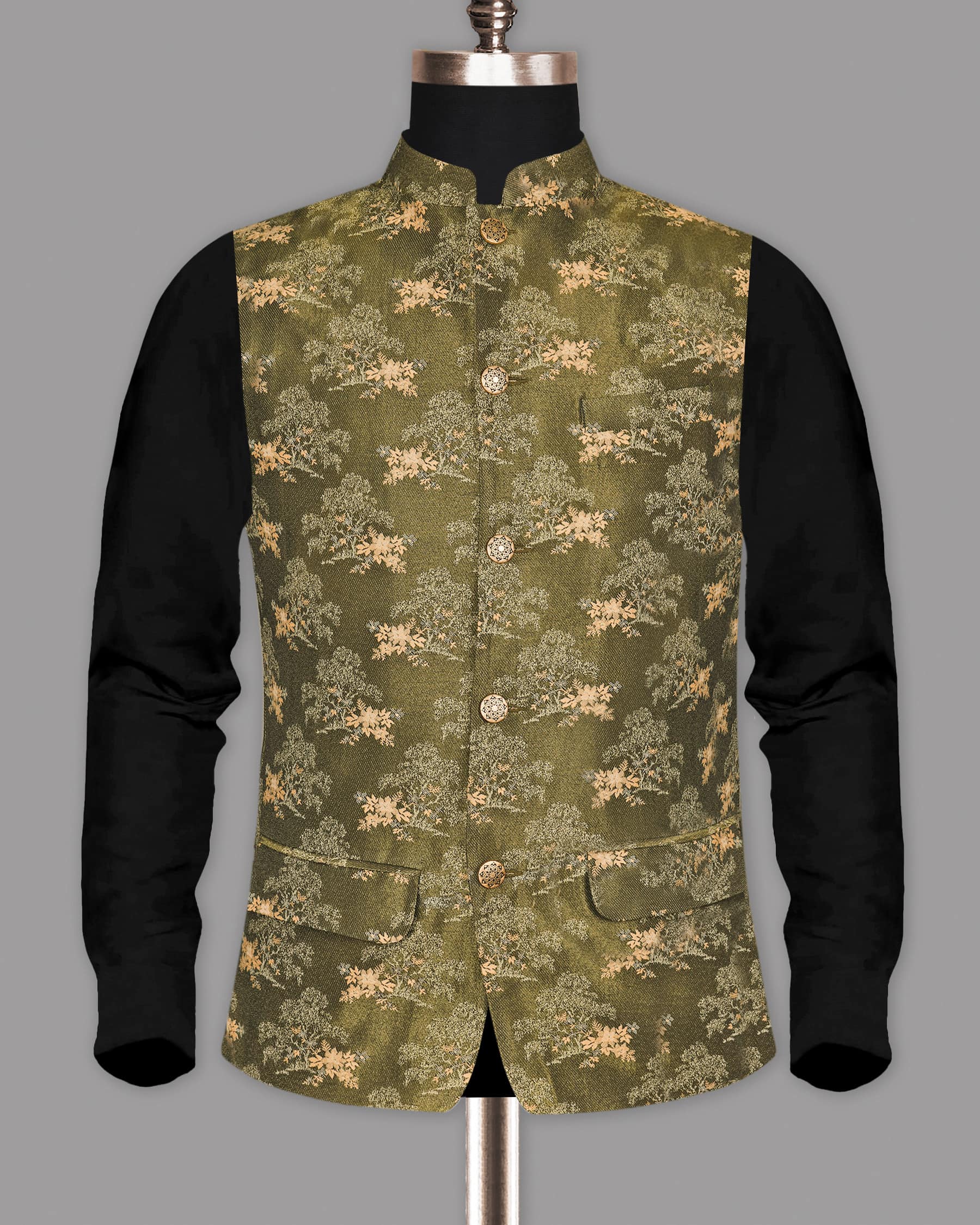 Moss Green with Cream Flower Jacquard Premium Designer Nehru Jacket