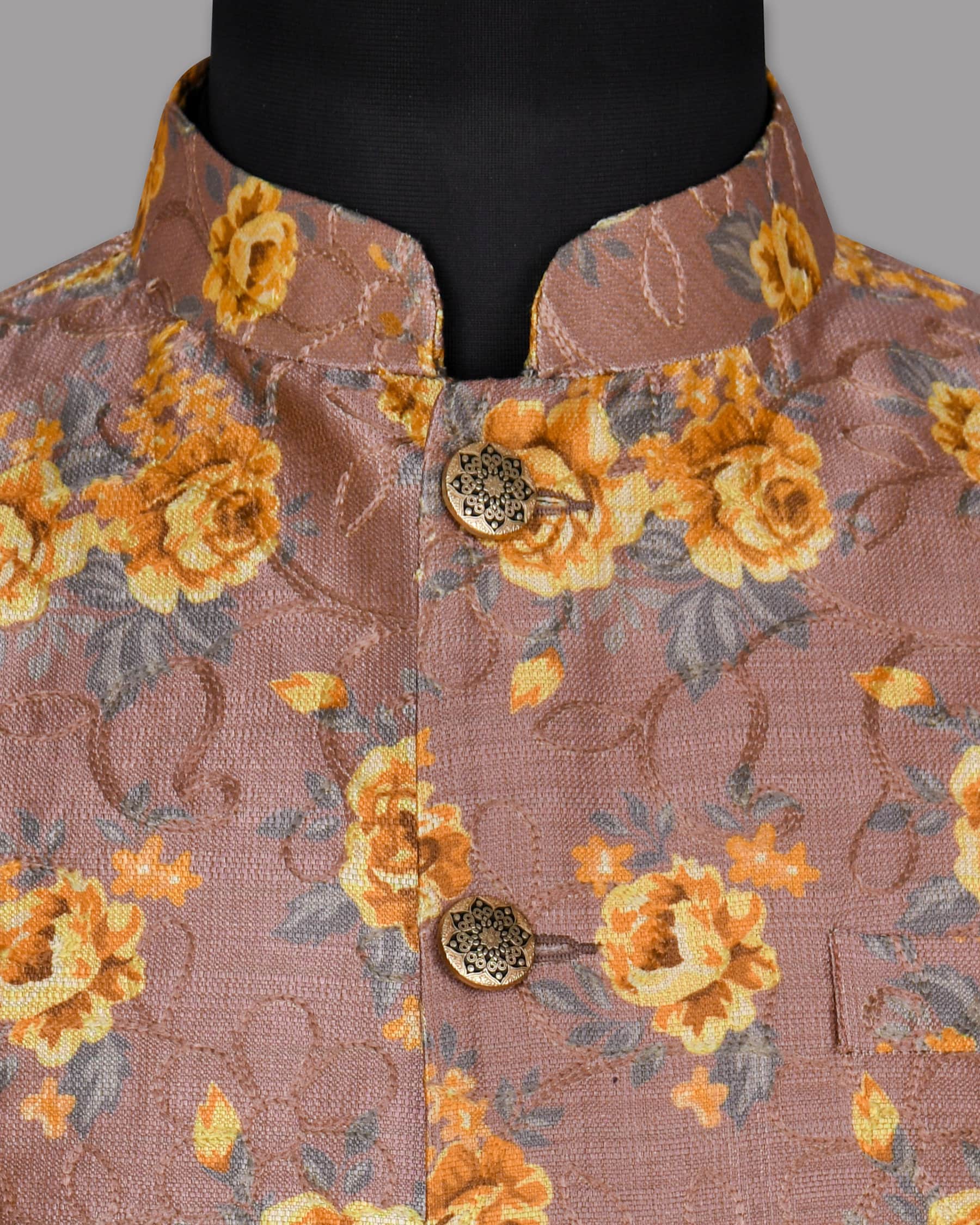 Rosewood with Tonal embroidered and Mustard Flowers Printed Premium Designer Nehru Jacket