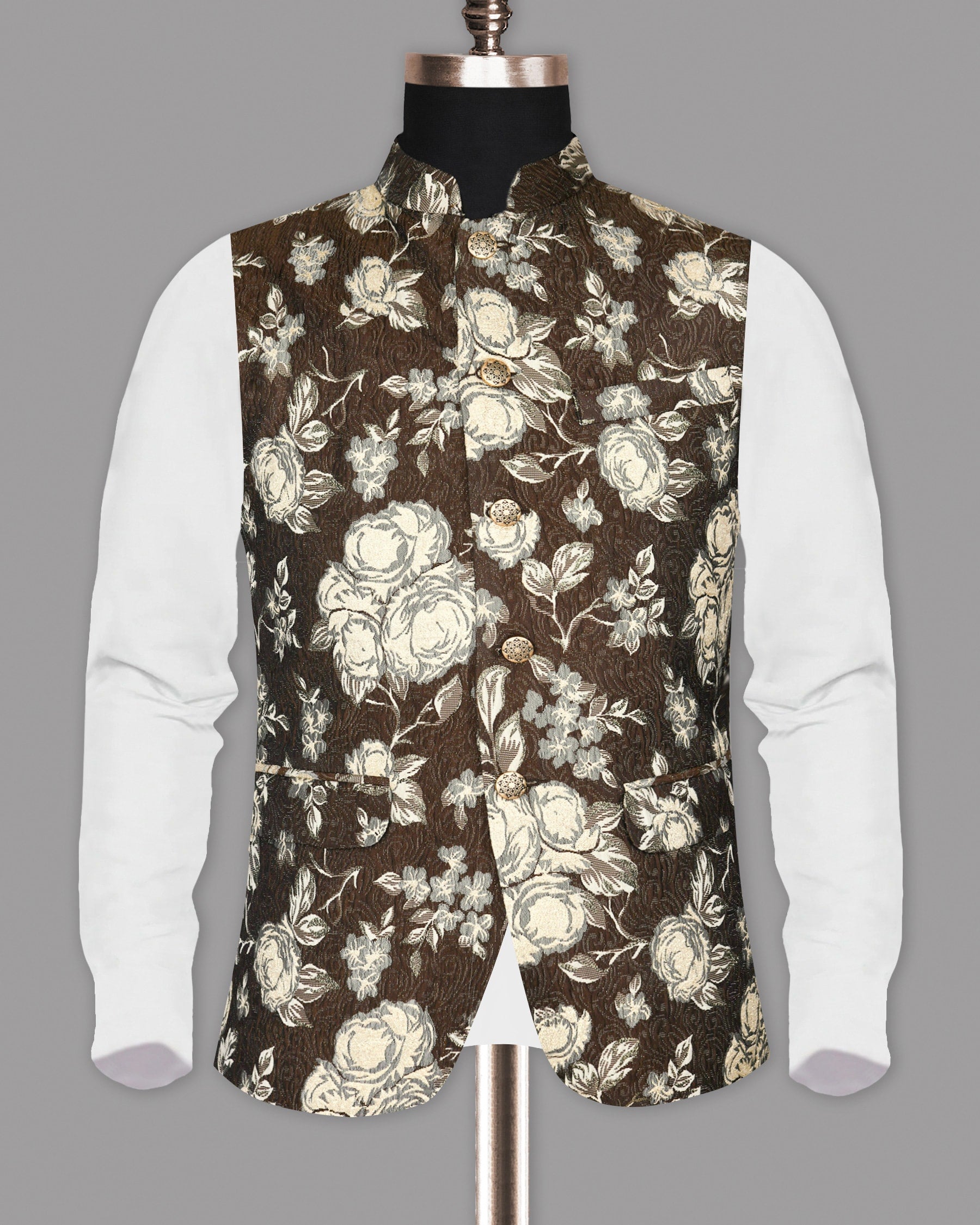 Chocolate Brown with Metal Threading Jacquard Designer Nehru Jacket