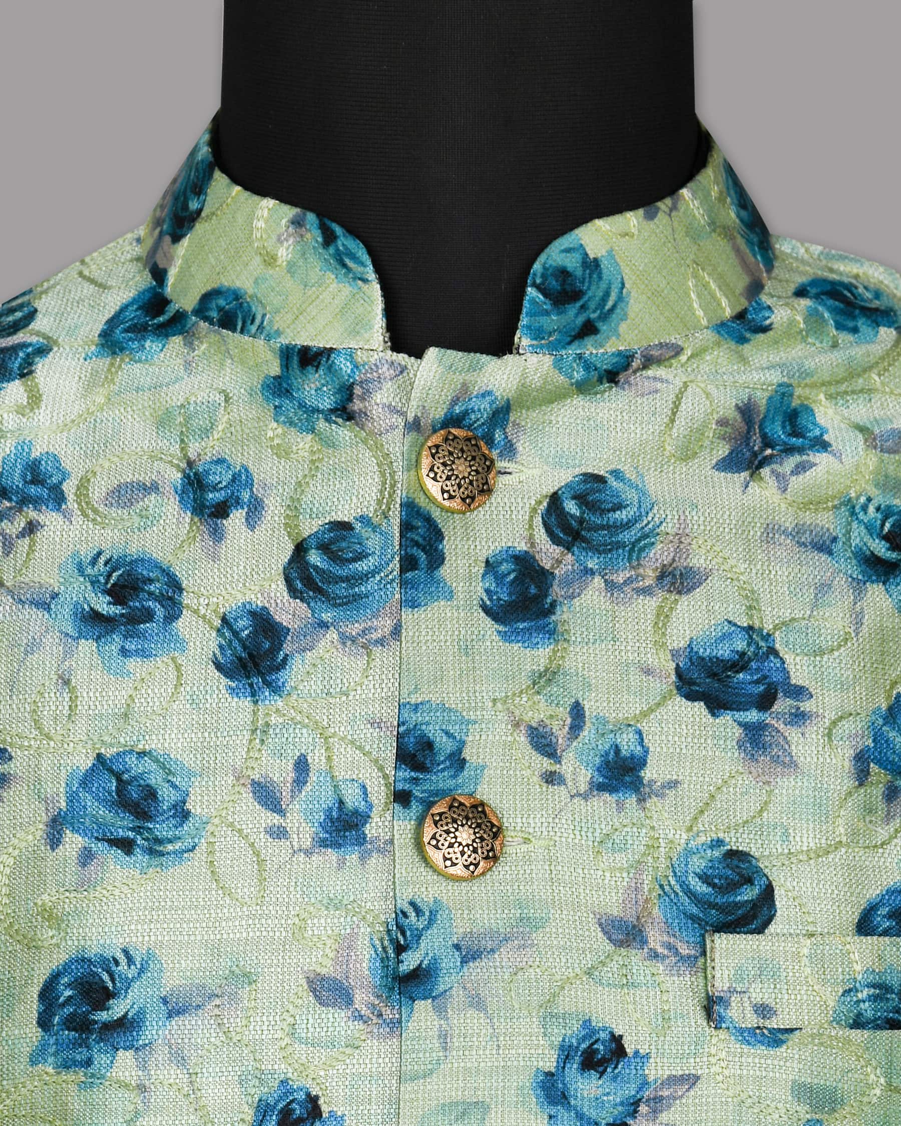 Green with Blue Flower Patterned and Jacquard Textured Designer Nehru Jacket