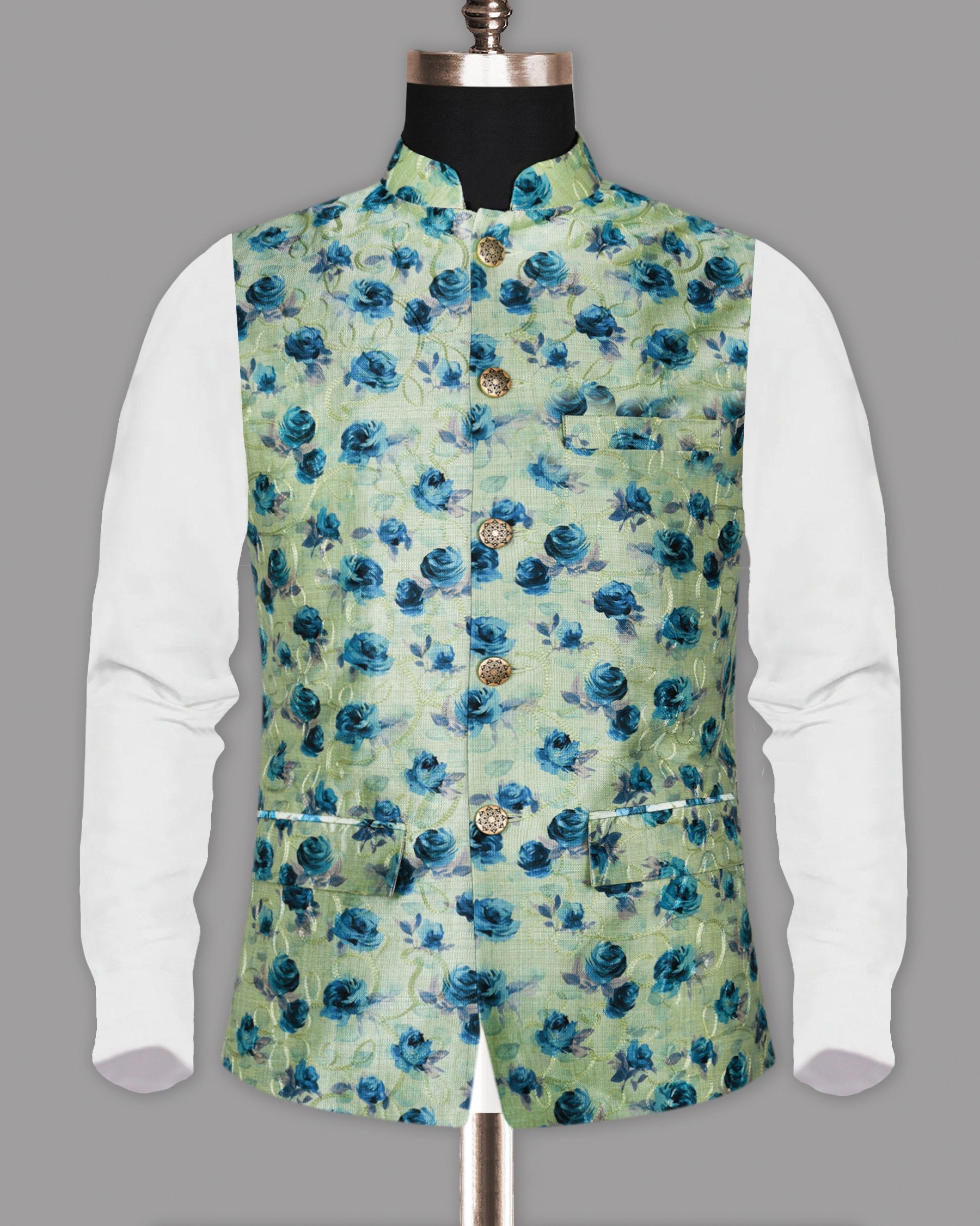 Green with Blue Flower Patterned and Jacquard Textured Designer Nehru Jacket