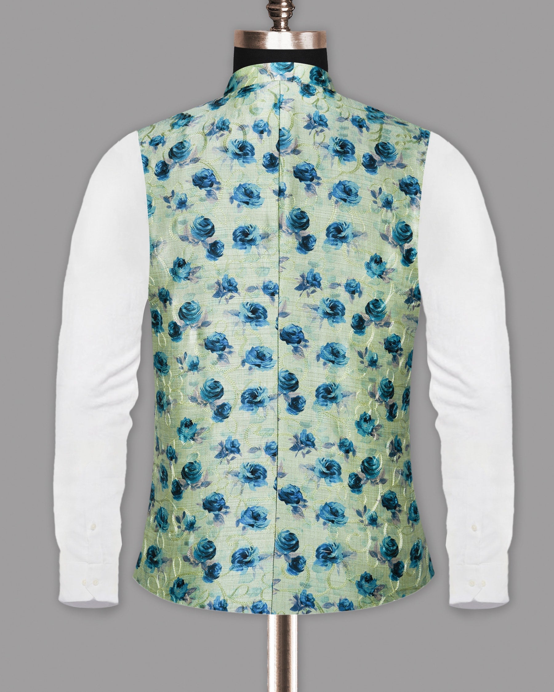 Green with Blue Flower Patterned and Jacquard Textured Designer Nehru Jacket